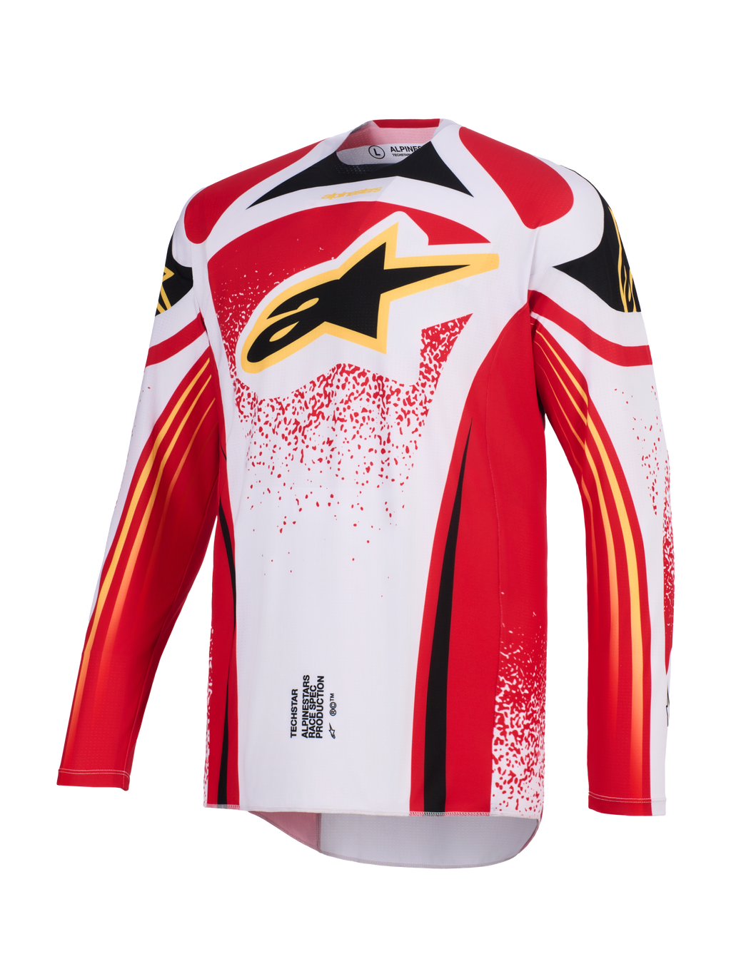 Alpinestars 2026 Techstar Nomur Jersey, Motocross Jersey, White Red and Black, featuring a large black Astar logo with yellow outline on the chest, athletic race fit with long sleeves and performance graphics for off-road racing.