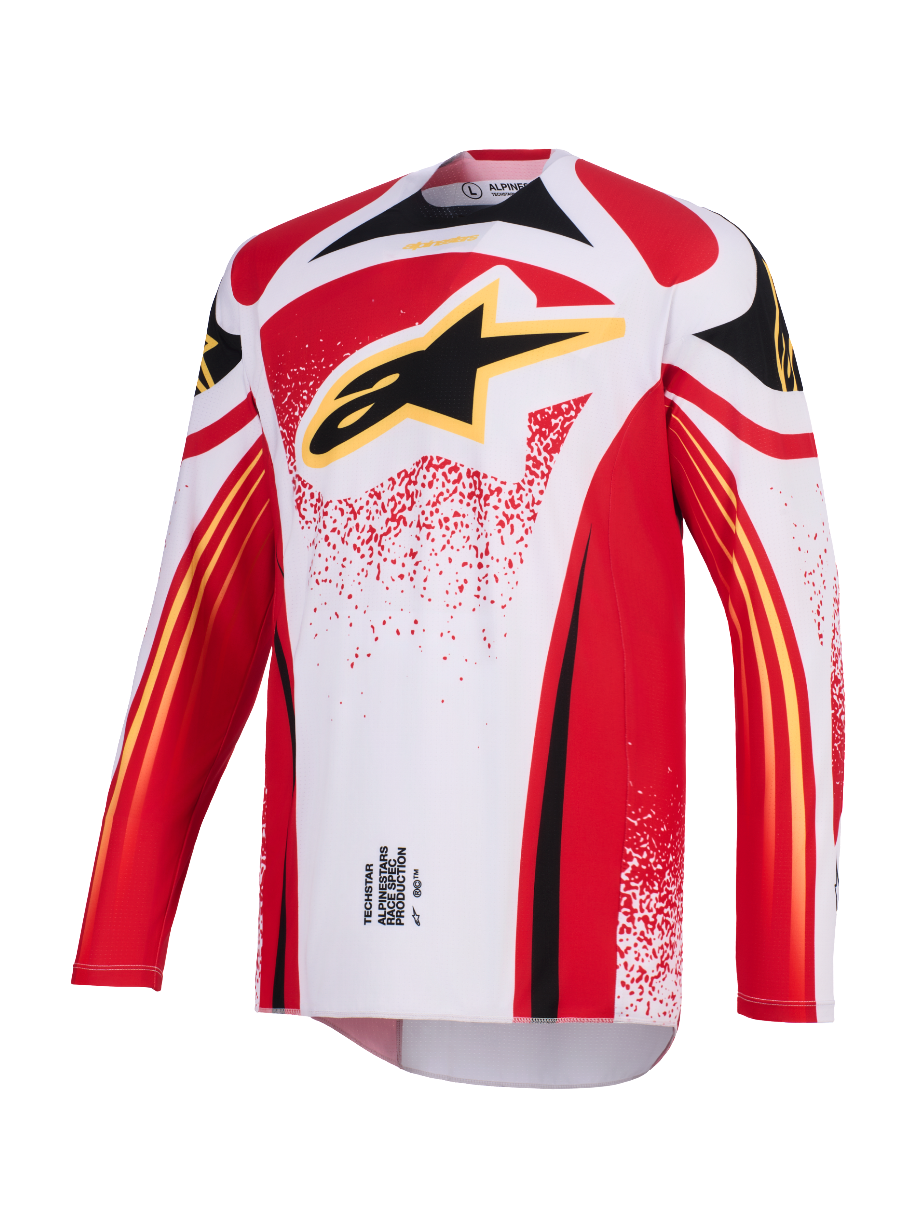 Alpinestars 2026 Techstar Nomur Jersey, Motocross Jersey, White Red and Black, featuring a large black Astar logo with yellow outline on the chest, athletic race fit with long sleeves and performance graphics for off-road racing.