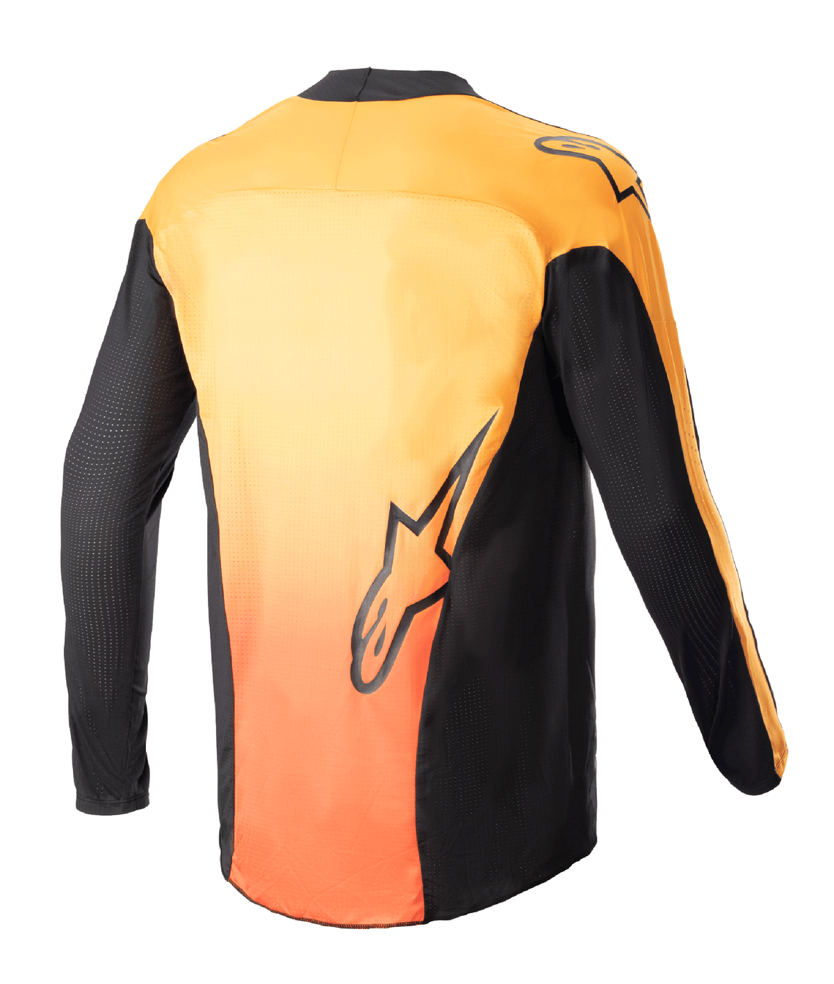 Alpinestars 2023 Techstar Sein Jersey, motorcross shirt, zwart en feloranje, achteraanzicht met levendig oranje gradiënt op de rug, zwarte zijpanelen en mouwen, voorzien van Alpinestars logo-graphics op de onderrug en schouder
