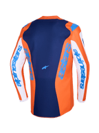 Alpinestars 2026 Fluid Grid Jersey, Motocross Jersey, Orange and UCLA Blue, white sleeves with blue Alpinestars branding, dark blue back panel with small star logo, extended rear cut for off-road riding