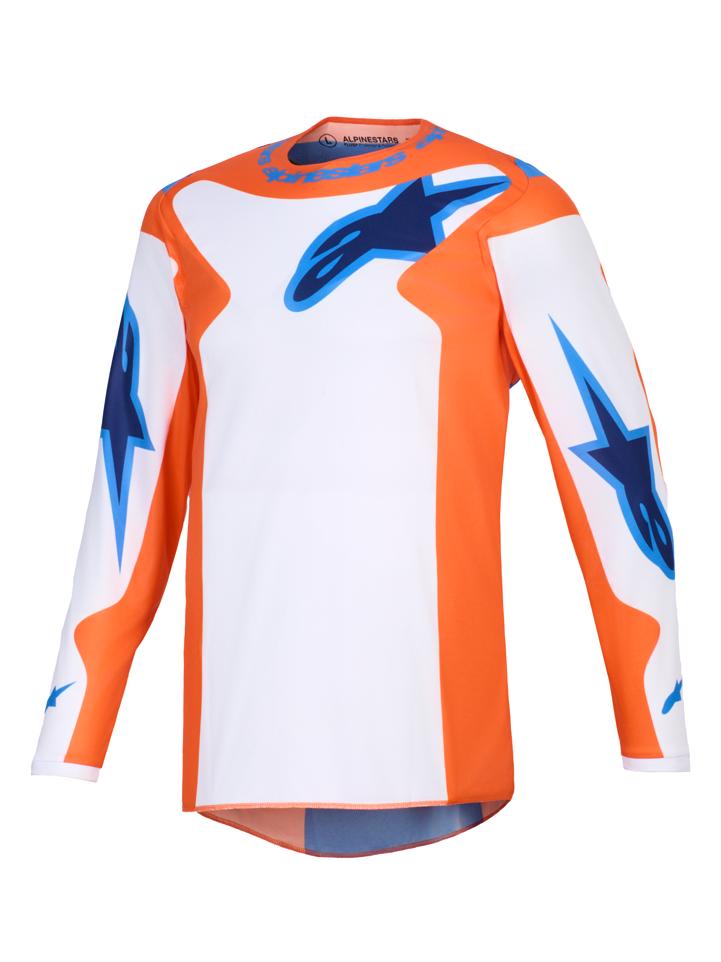 Alpinestars 2026 Fluid Grid Jersey, Motocross Jersey, Orange White and UCLA Blue, long-sleeve performance gear with blue star logos on the chest and sleeves, athletic fit for off-road riding.