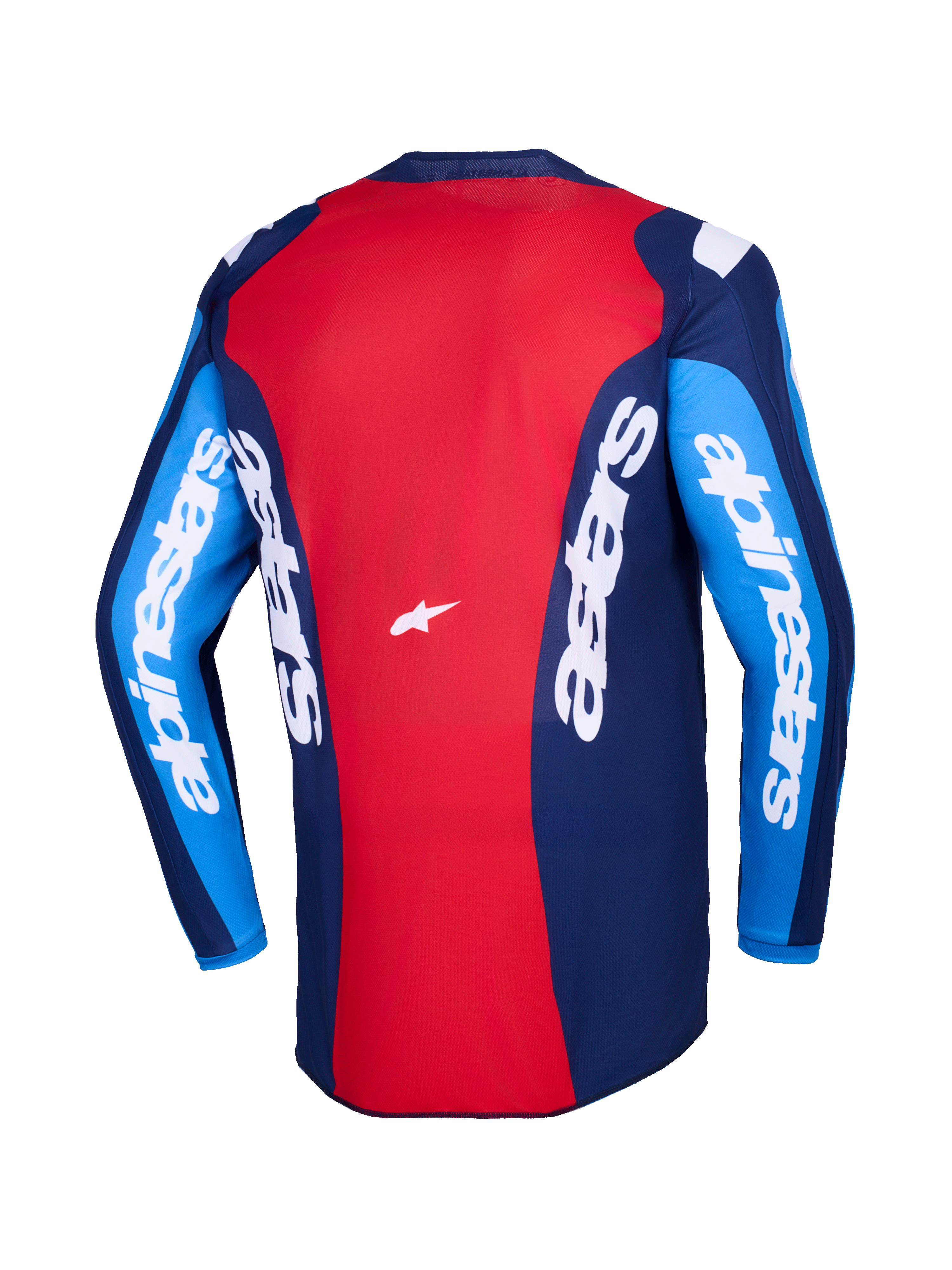 Alpinestars 2026 Fluid Grid Jersey, Back View, Red and Blue Motocross Jersey, featuring bold white Alpinestars branding on sleeves and back, lightweight polyfabric design for off-road riding