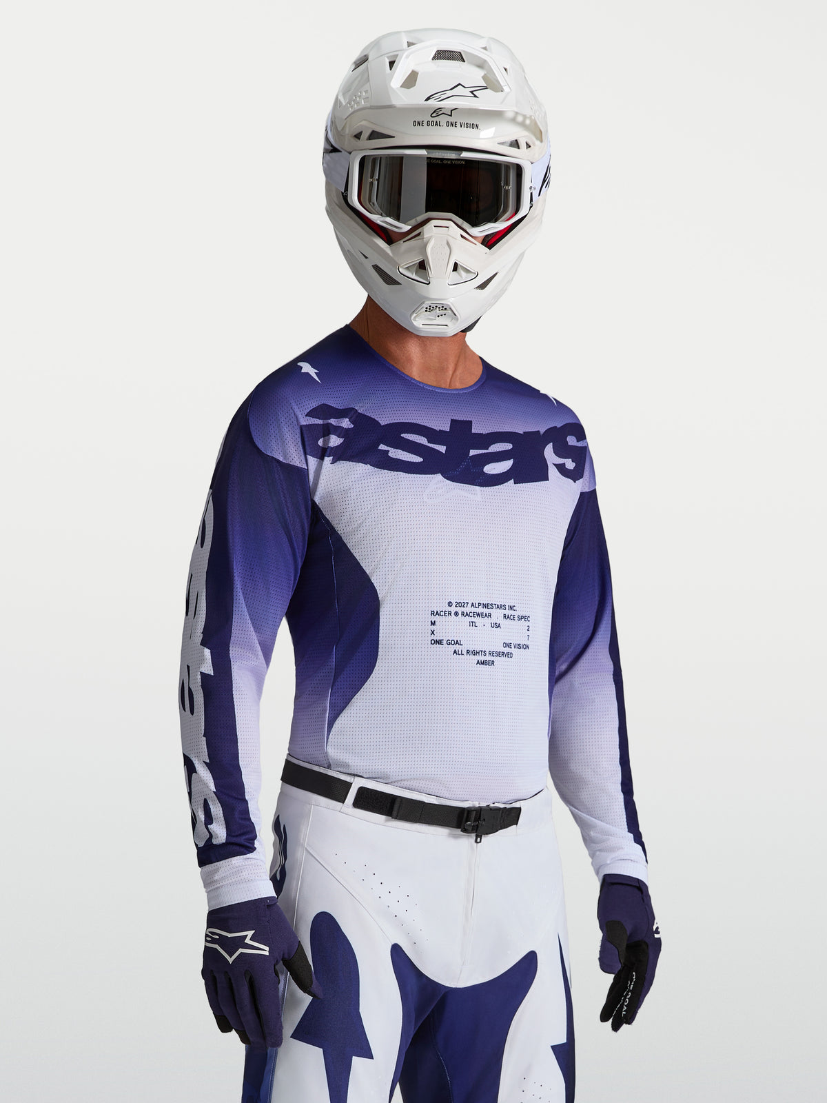 Alpinestars Racer Air Amber Jersey, blauw en wit heren-motorcrossjersey met geventileerde mesh voor maximale luchtstroom.