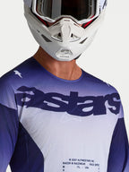 Alpinestars Racer Air Amber Jersey, Motocross Racing, Man, Blue and White, mesh with astars logo, on-model with helmet.