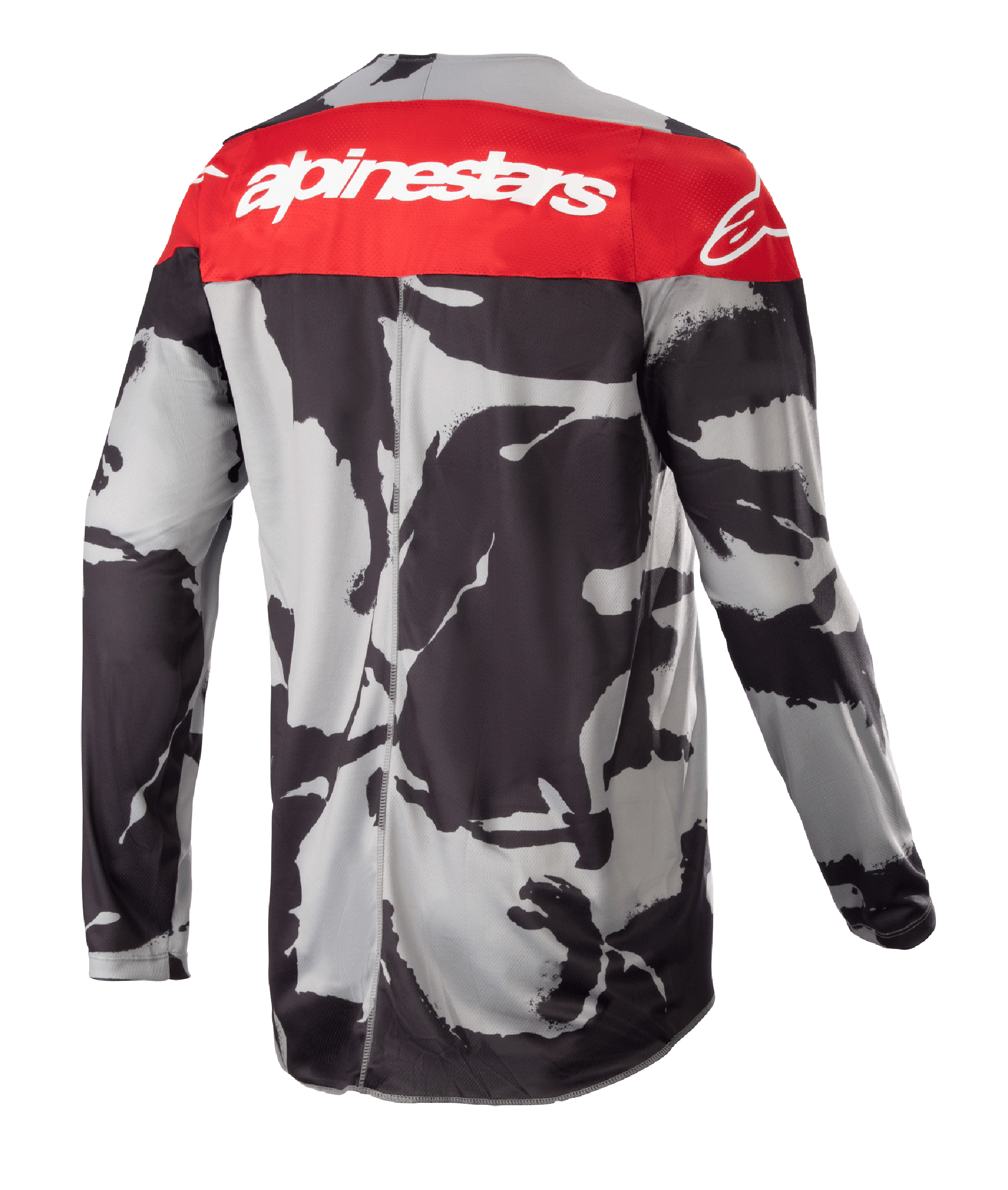 Alpinestars 2023 Racer Tactical Jersey, motorcross jersey, Cast Gray Camo en Mars Red, achteraanzicht met een rood bovenpaneel met wit Alpinestars logo en een grijs-zwart camouflagepatroon, lichtgewicht off-road kleding