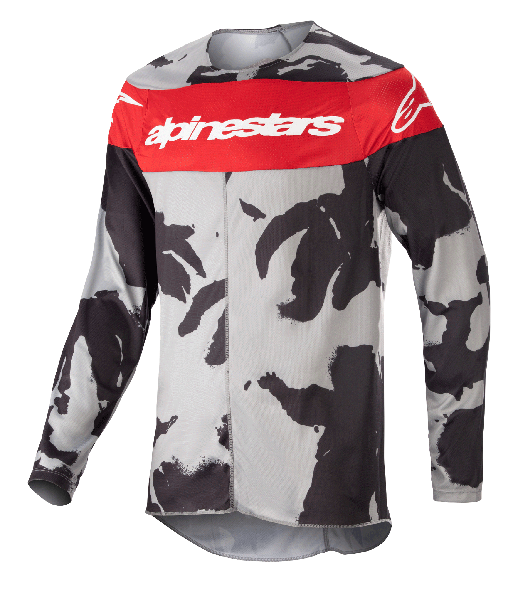 Alpinestars 2023 Racer Tactical Jersey, motocross jersey, Cast Gray Camo en Mars Red, opvallende rode borstband met witte Alpinestars-branding, zwart en grijs camouflagepatroon, technische kleding met lange mouwen voor off-road racing
