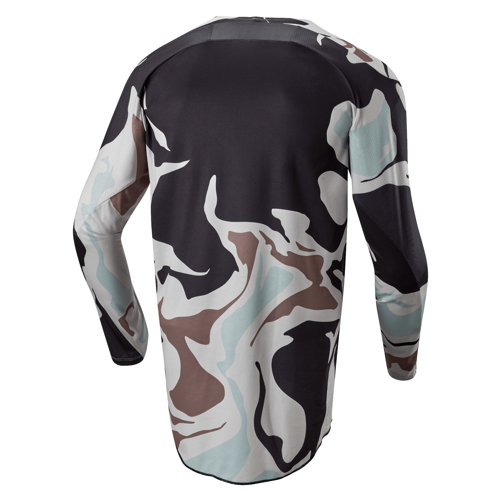 Alpinestars 2024 Racer Tactical Jersey, Iron Camo Dust Gray, achteraanzicht van motorcross shirt met lange mouwen, camouflagepatroon in grijs, zwart, lichtblauw en zandkleur, verlengde achterzoom voor extra bedekking