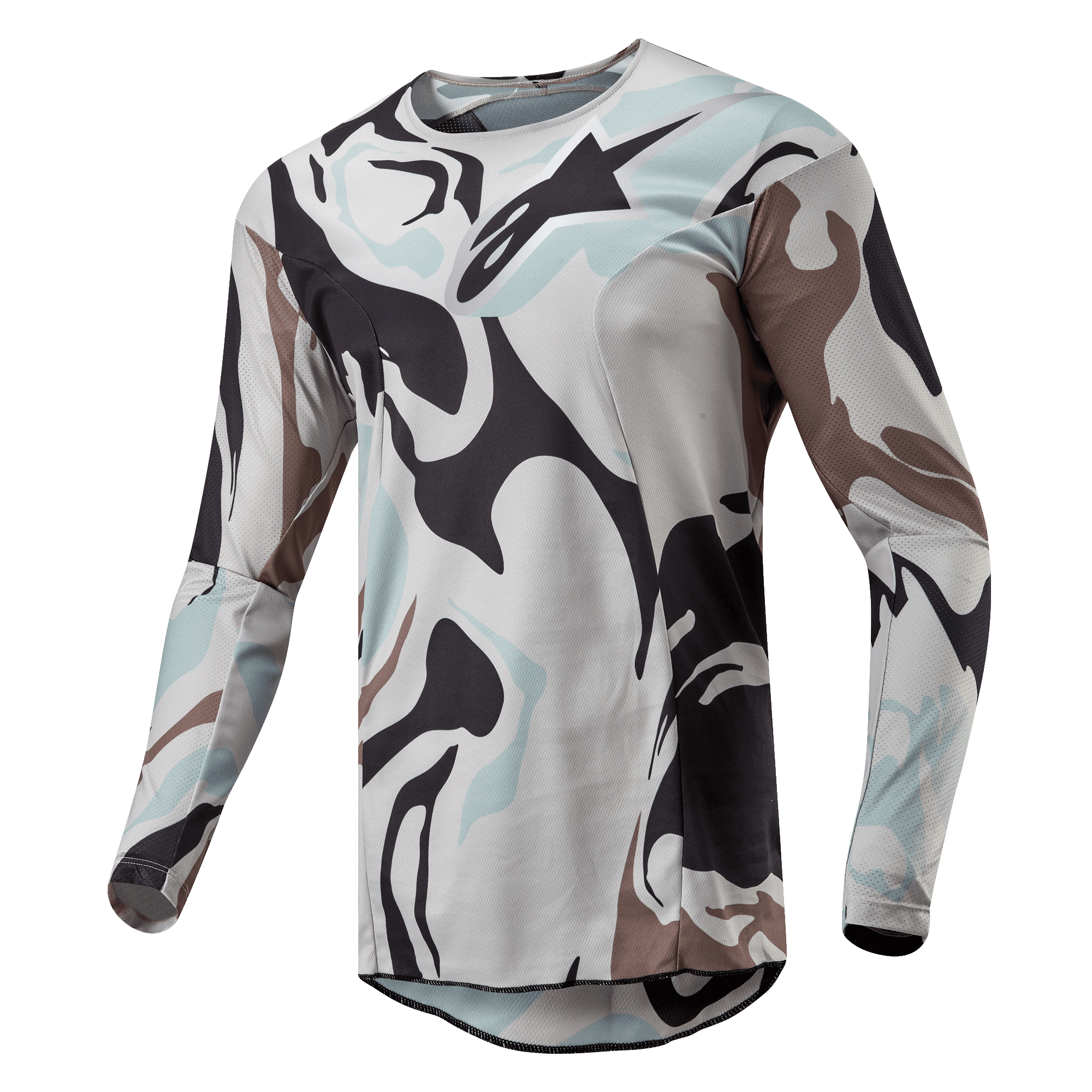 Alpinestars 2024 Racer Tactical Jersey, motorcross shirt, Iron Camo Dust Gray, voorzien van een opvallend camouflagepatroon in lichtgrijs, donkergrijs en lichtblauwe tinten, lichtgewicht poly-stof met ademende mesh-inzetstukken, ergonomische sportieve pasvorm.
