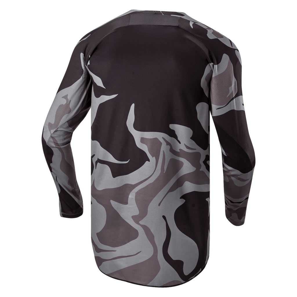 Alpinestars 2024 Racer Tactical Jersey, motocross jersey, Cast Gray Camo Magnet, achteraanzicht met grijs en zwart camouflagepatroon, ademende stof en een verlengde achterzoom voor extra dekking