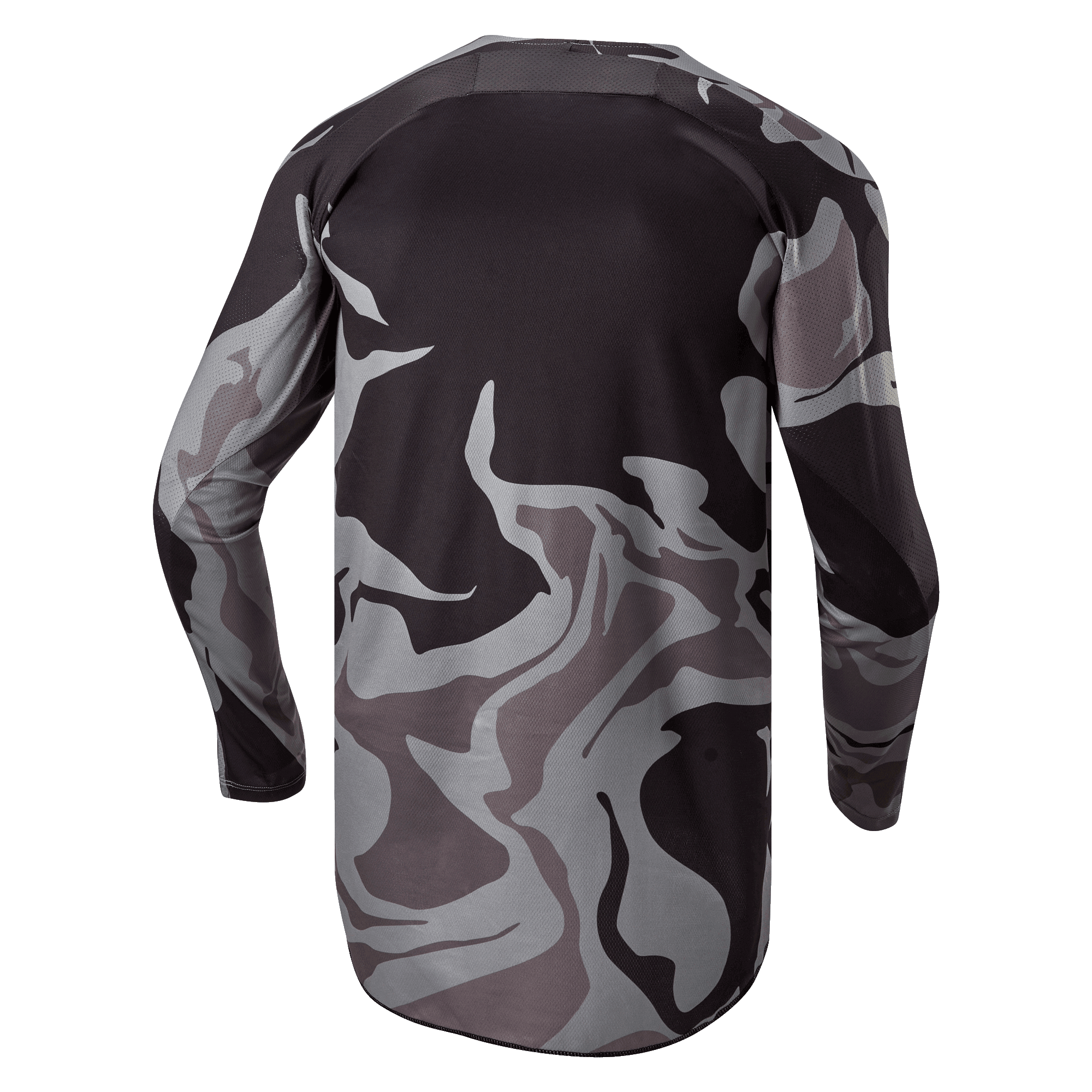 Alpinestars 2024 Racer Tactical Jersey, motocross jersey, Cast Gray Camo Magnet, achteraanzicht met grijs en zwart camouflagepatroon, ademende stof en een verlengde achterzoom voor extra dekking