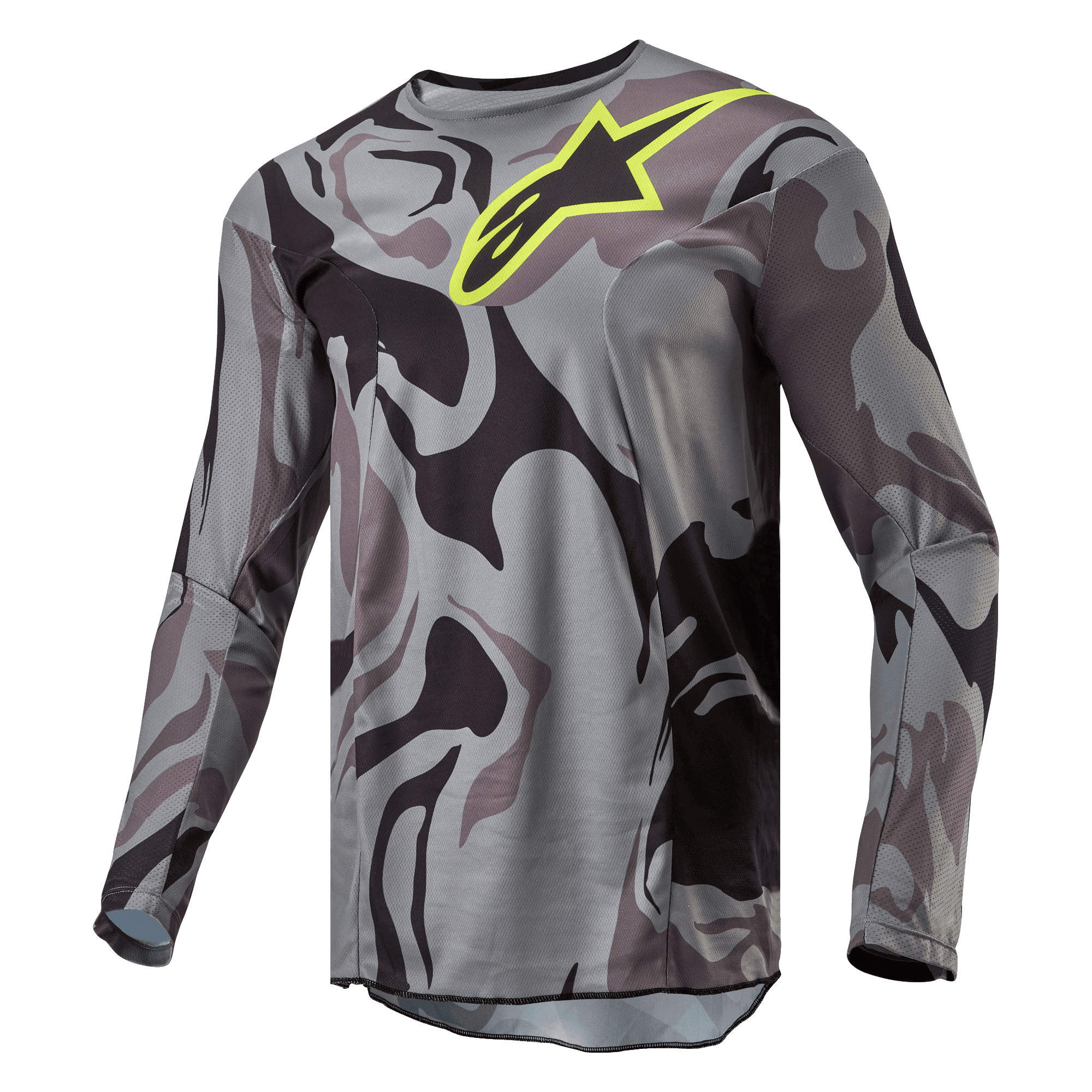 Alpinestars 2024 Racer Tactical Jersey, motorcross shirt, Cast Gray Camo Magnet, grijs en zwart camouflagepatroon met een felgeel Alpinestars-logo op de borst, lange mouwen, hoogwaardige off-road uitrusting