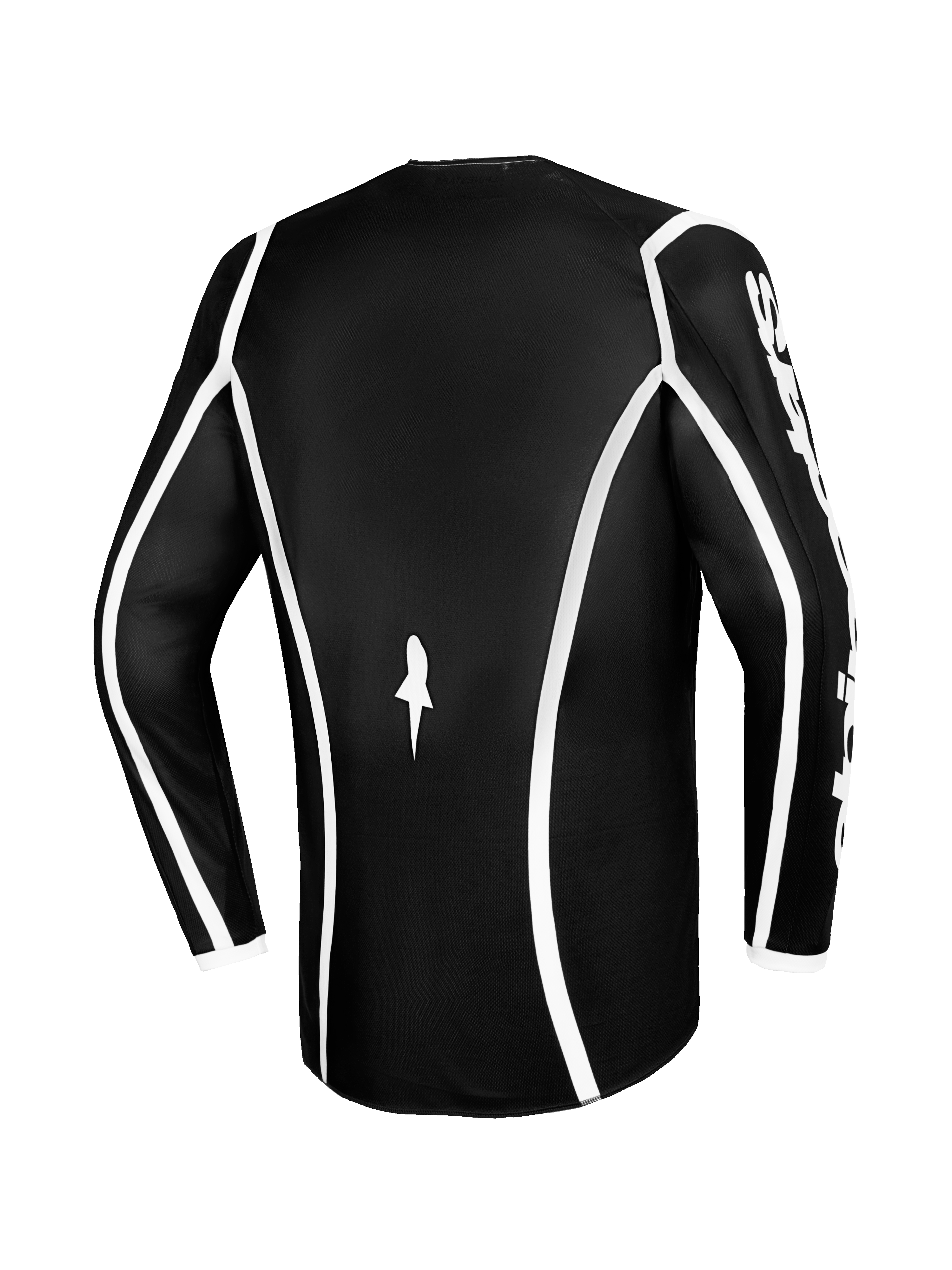 Alpinestars 2026 Fluid Apex Jersey, Motocross Jersey, Black with white curved piping, back view showing ergonomic cut and small white logo, performance long-sleeve jersey for off-road racing