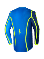 Alpinestars 2026 Fluid Apex Jersey, Motocross Jersey, Blue and Yellow Fluo, rear view featuring neon yellow graphic lines and extended back hem, lightweight and breathable off-road gear