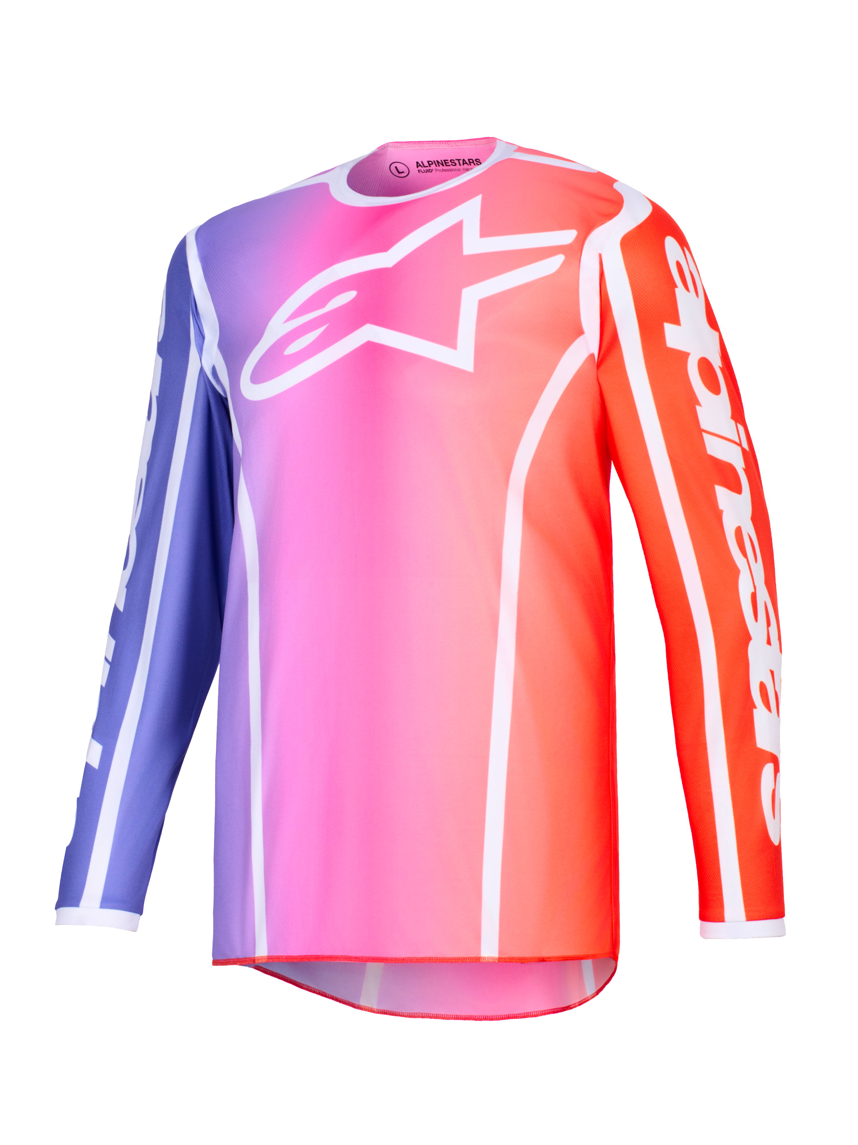 Alpinestars 2026 Fluid Apex Jersey, Motocross Jersey, Purple Pink and Orange gradient with white accents, white Astars logo on chest and sleeve branding, lightweight performance polyfabric for off-road racing.