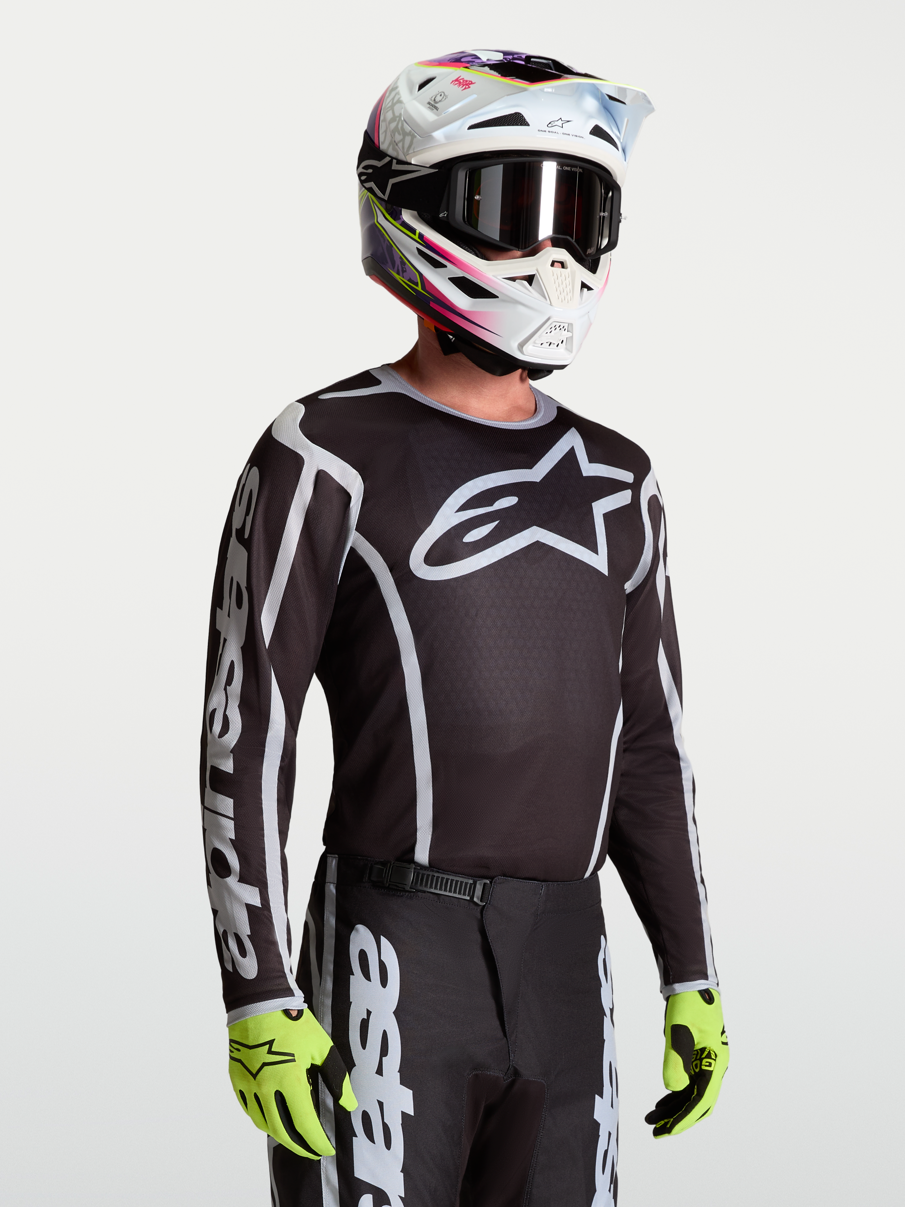 Alpinestars Fluid Apex V2 jersey, heren-motorcrossjersey, zwart en zilver, ademend en vochtafvoerend polyfabric.