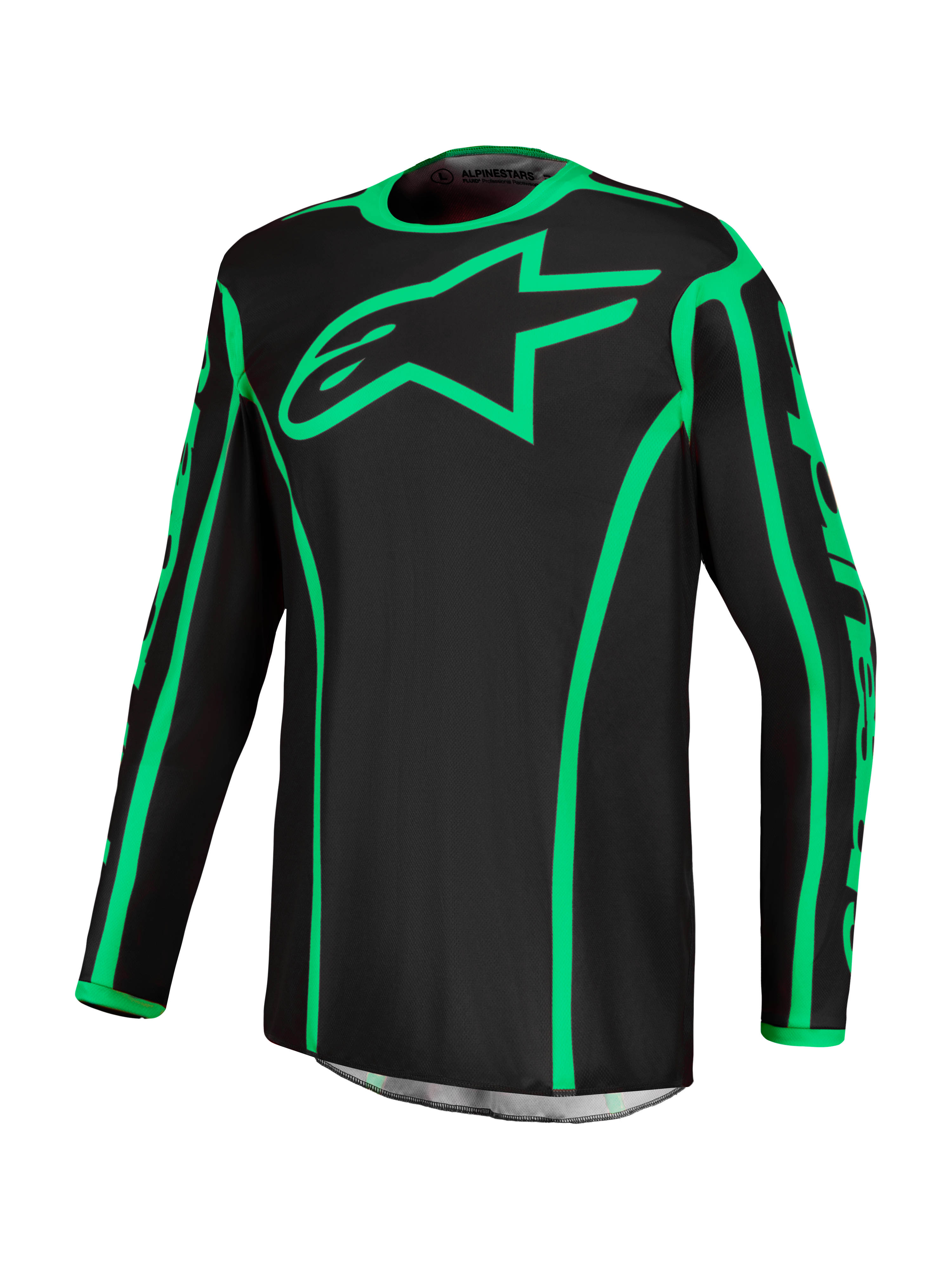 Alpinestars Fluid Apex V2 Jersey, black and green fluo motocross jersey with moisture-wicking polyfabric and star logo.