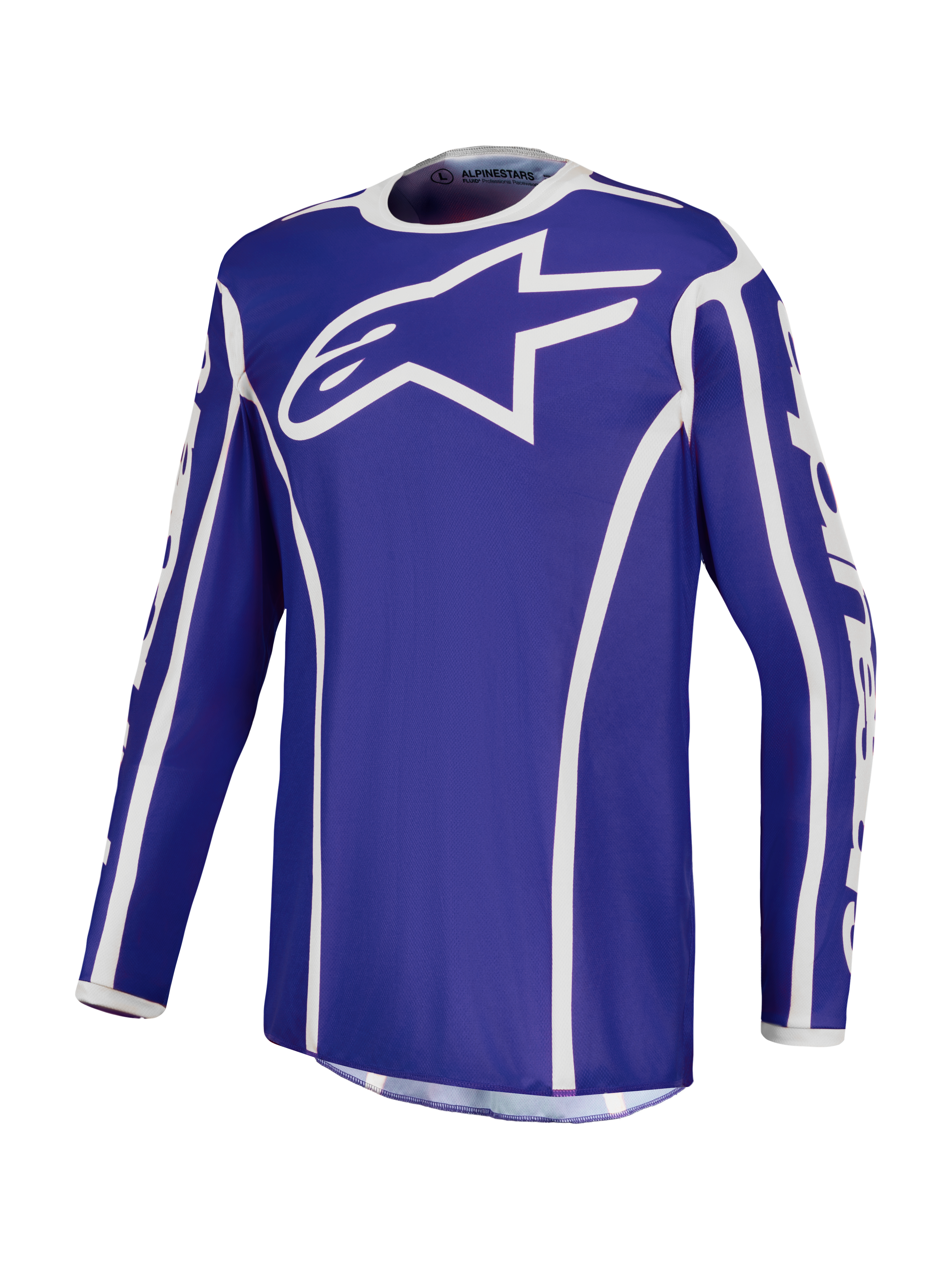 Alpinestars Fluid Apex V2 Jersey, deep blue and white men's motocross top with moisture-wicking polyfabric.
