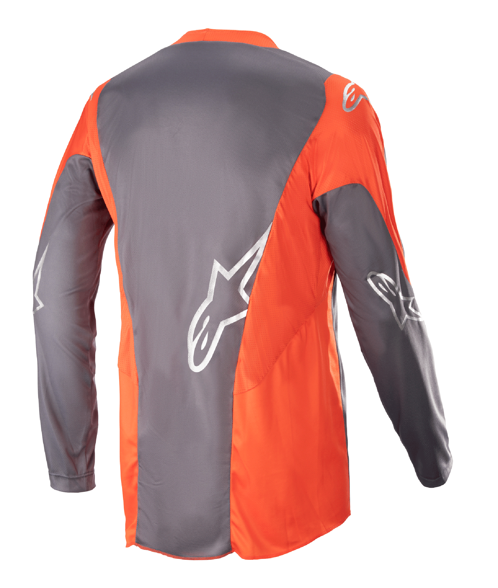 Alpinestars 2023 Racer Hoen Jersey, motorcross jersey, Magnet Hot Orange, achteraanzicht met grijze en oranje panelen en zilveren Astars-logo's op de mouwen en rug, hoogwaardige off-road kleding
