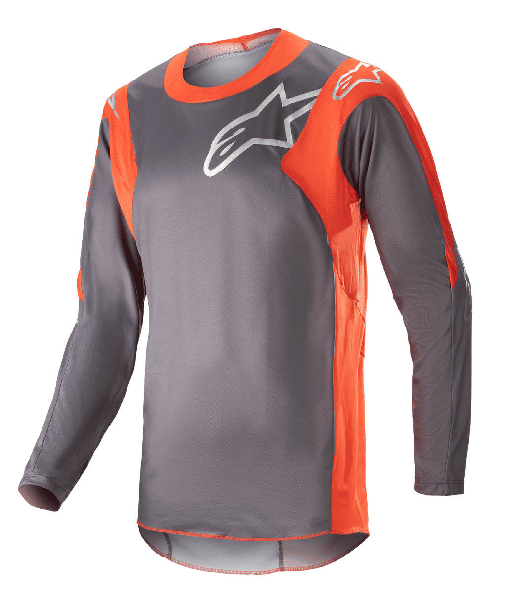 Alpinestars 2023 Racer Hoen Jersey, motorcross shirt met lange mouwen, Magnet Gray en Hot Orange, wit Alpinestars logo op de borst en schouders, lichtgewicht performance-stof voor off-road racing