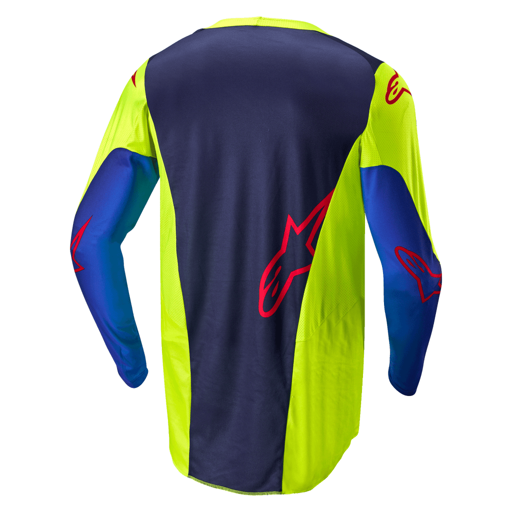 Alpinestars 2024 Racer Hoen Jersey, motorcross shirt, Yellow Fluo en Blue Night Navy, achteraanzicht met donkerblauw middenpaneel met rood logo, felgele zijpanelen, lange mouwen en ademende mesh-stof ontworpen voor off-road prestaties