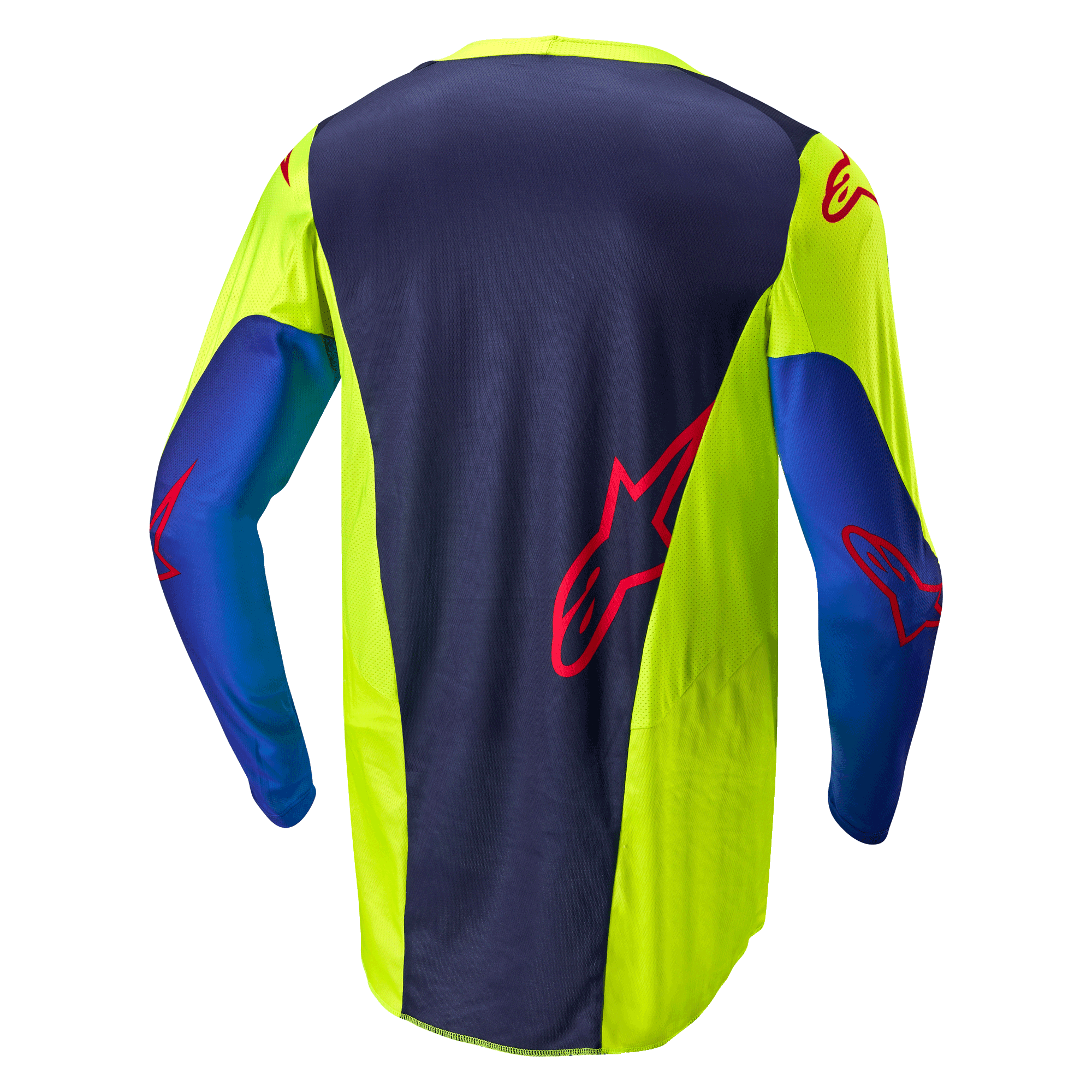 Alpinestars 2024 Racer Hoen Jersey, motorcross shirt, Yellow Fluo en Blue Night Navy, achteraanzicht met donkerblauw middenpaneel met rood logo, felgele zijpanelen, lange mouwen en ademende mesh-stof ontworpen voor off-road prestaties