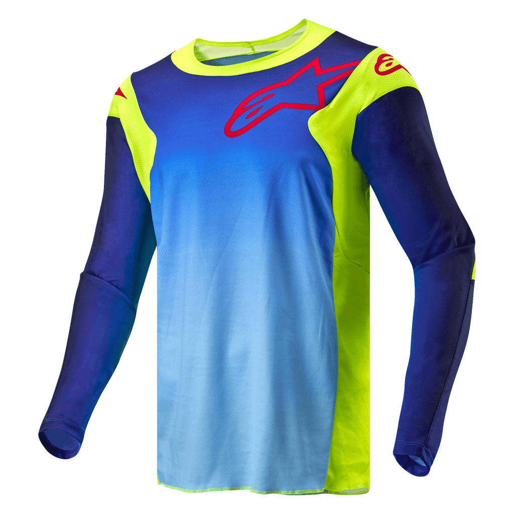 Alpinestars 2024 Racer Hoen Jersey, motocross shirt, Yellow Fluo en Blue Night Navy, voorzien van een blauw kleurverloop en fluorescerend gele panelen, rood Alpinestars logo op de borst en schouders, technische off-road kleding met lange mouwen