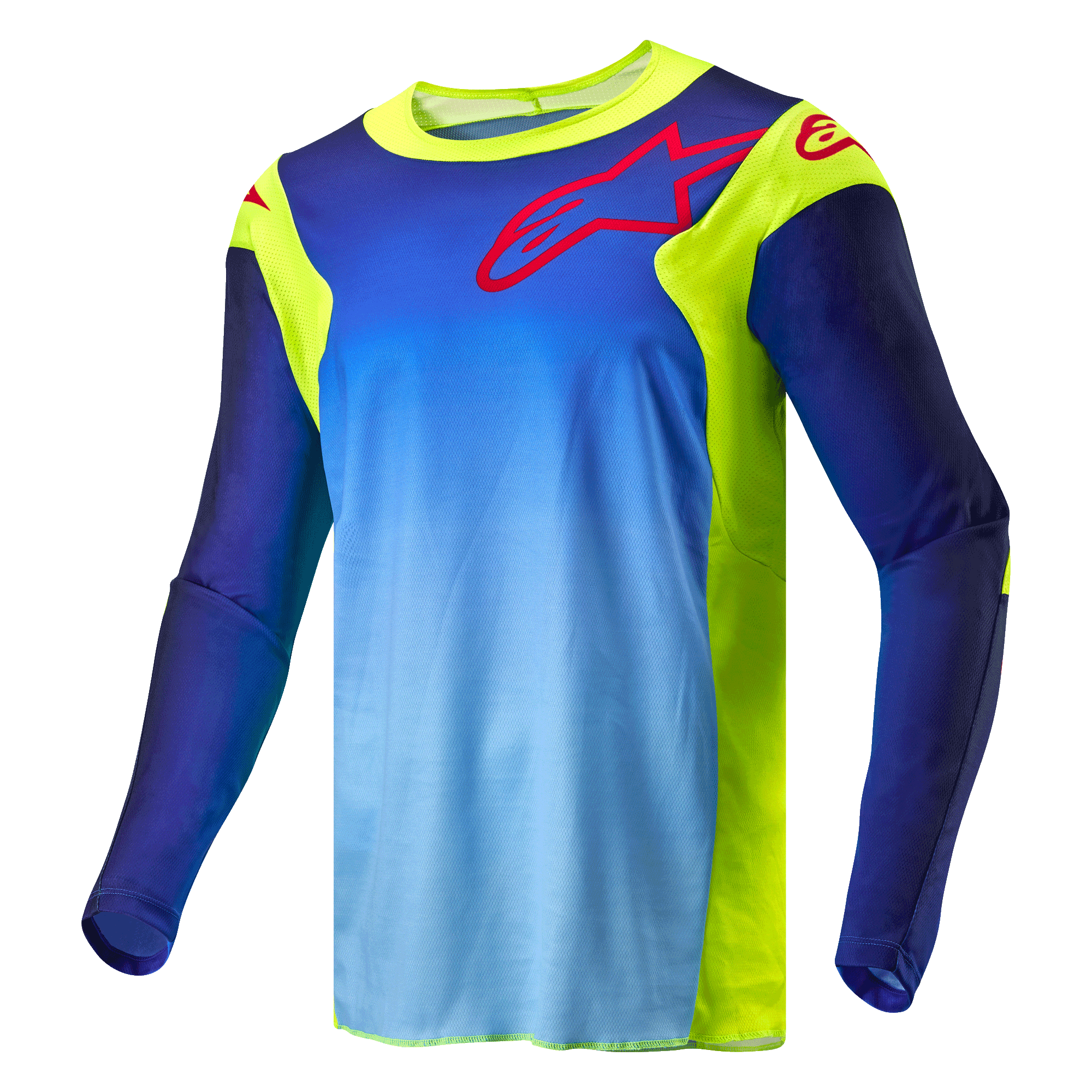 Alpinestars 2024 Racer Hoen Jersey, motocross shirt, Yellow Fluo en Blue Night Navy, voorzien van een blauw kleurverloop en fluorescerend gele panelen, rood Alpinestars logo op de borst en schouders, technische off-road kleding met lange mouwen