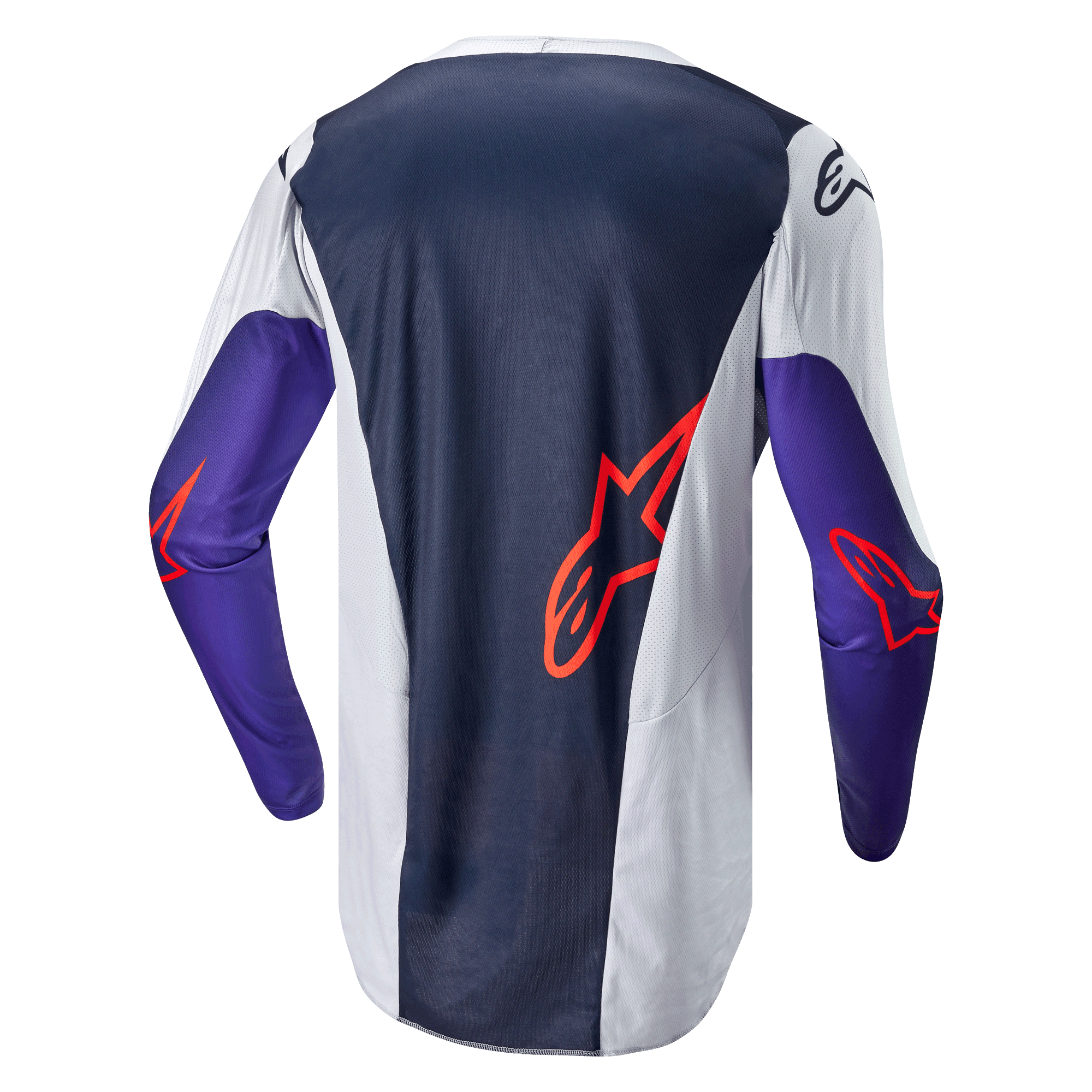 Alpinestars 2024 Racer Hoen Jersey, Motocross Jersey, Back View, Navy Blue and Light Gray with Purple Sleeves, Orange Alpinestars Logos, technical mesh fabric for off-road performance