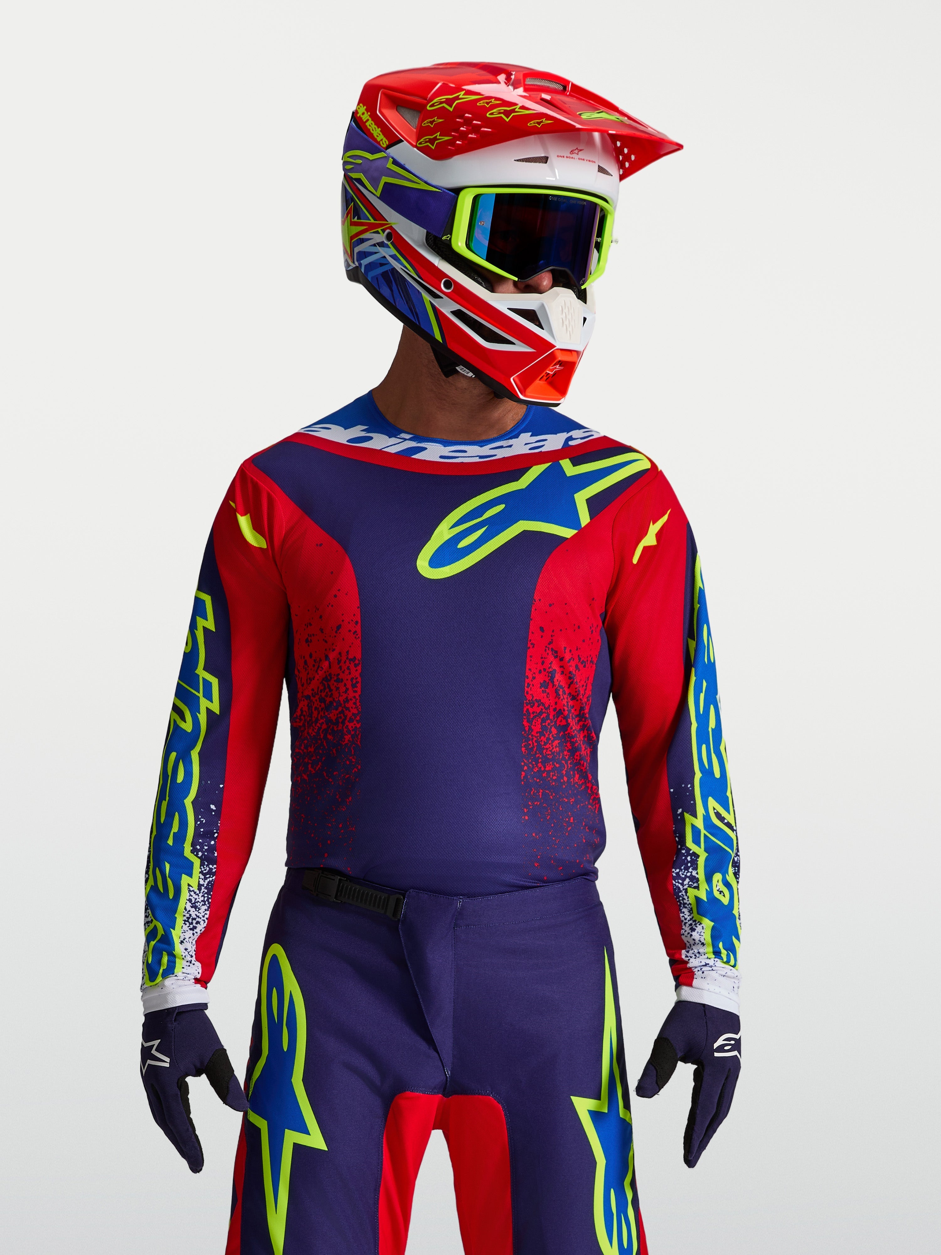 Alpinestars Fluid Drag jersey, heren-motorcrossjersey in blauw navy en rood, ademend polyfabric voor off-road prestaties.