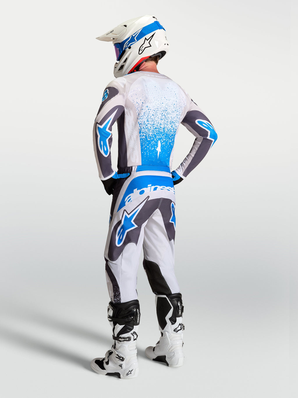Alpinestars 2027 Fluid Drag Gear Set, Men's Motocross Jersey and Pants in Gray and Blue, rear view of performance MX gear.