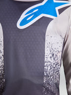 Alpinestars Fluid Drag Jersey, motocrossjersey voor heren, grijs en blauw, ademend vochtafvoerend polyfabric met groot sterlogo.