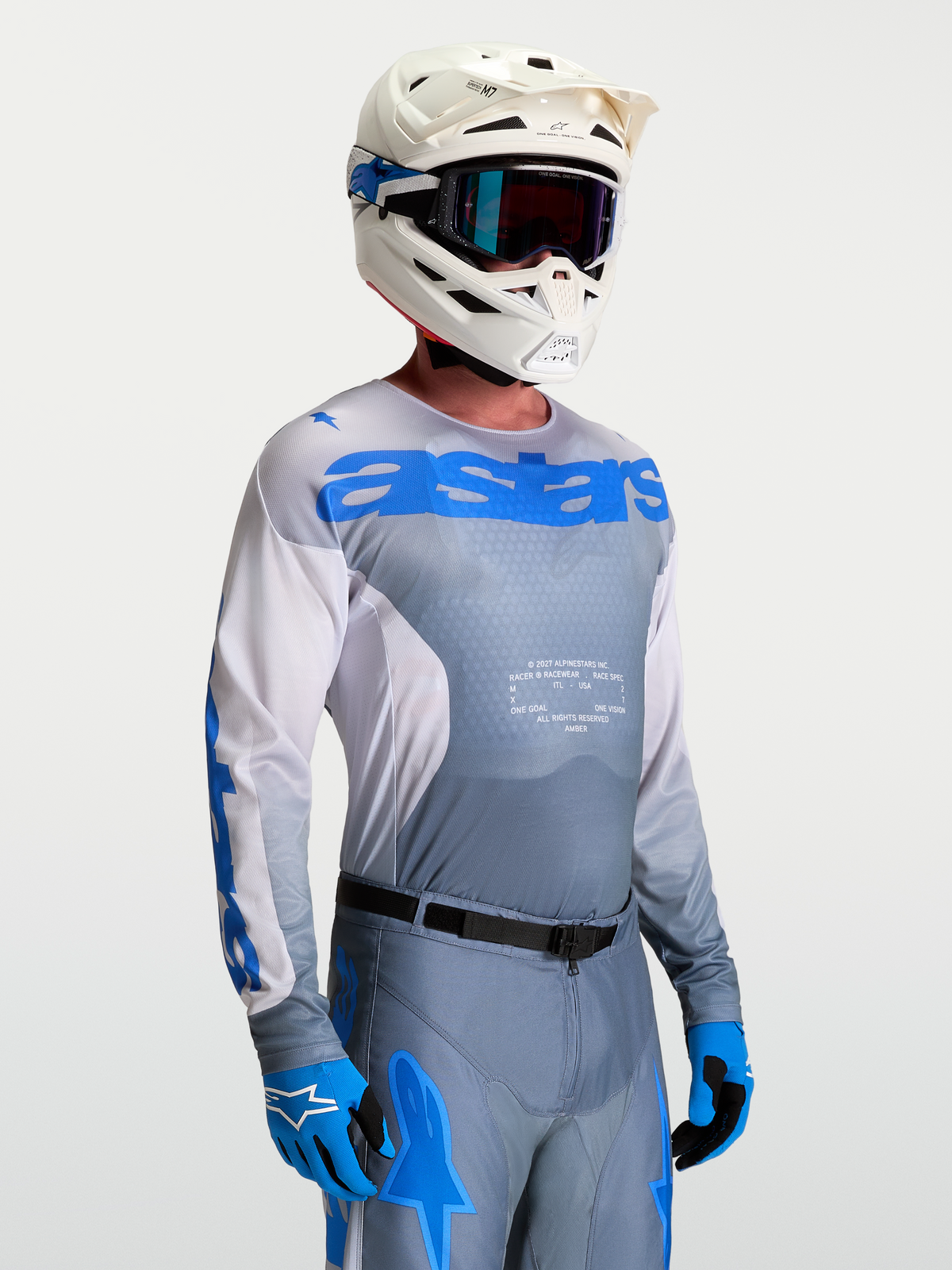 Alpinestars Racer Amber jersey, heren motorcrossjersey in grijs en blauw, lichtgewicht vochtafvoerend polyfabric.
