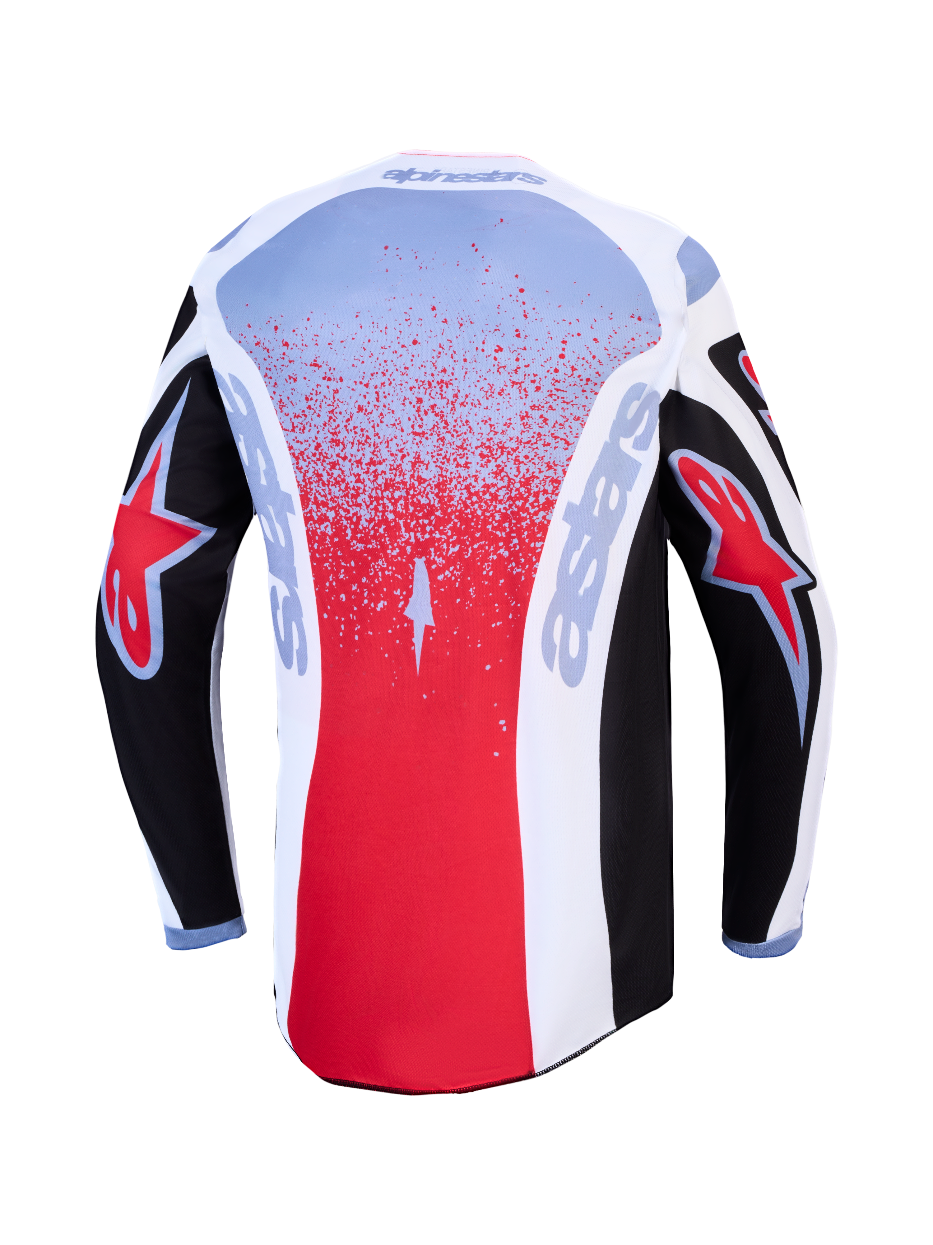 Alpinestars 2027 Fluid Drag Jersey, black and red motocross racing jersey for men, back view with moisture-wicking fabric.