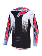 Alpinestars 2027 Fluid Drag Jersey, a men's black and white motocross jersey with red graphics and moisture-wicking fabric.