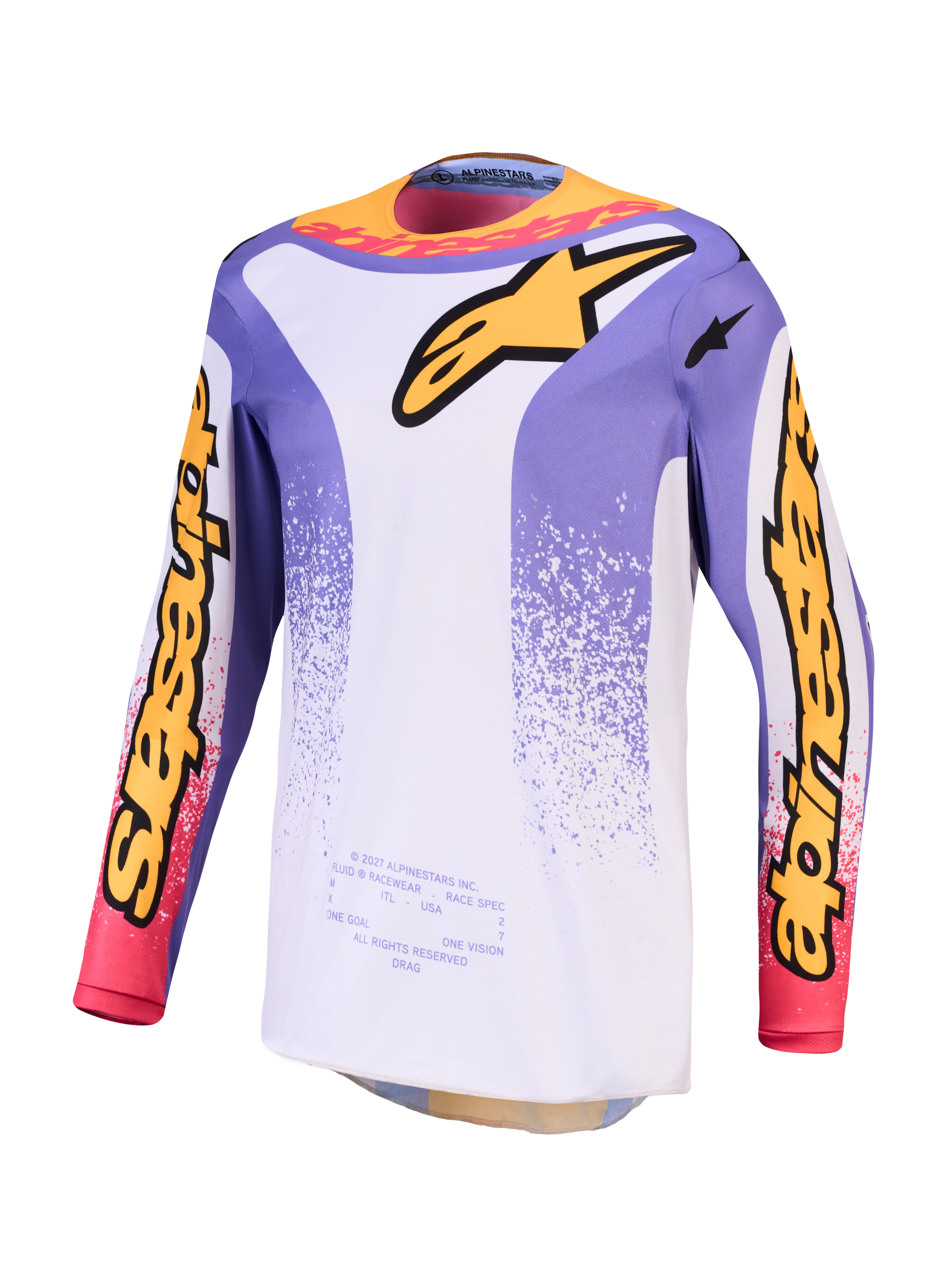 Alpinestars Fluid Drag Jersey, Men's Motocross Jersey, Light Lilac and Blue Iris, moisture-wicking polyfabric.