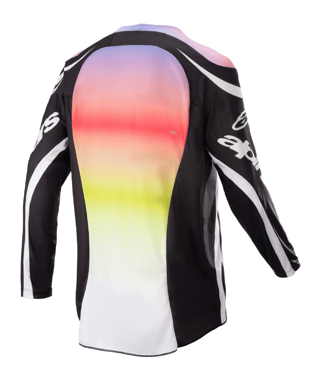 Alpinestars 2023 Racer Semi Jersey, motocross shirt, zwart multicolor, achteraanzicht met een groot centraal paneel met een levendig kleurverloop van paars naar geel, zwarte mouwen en schouders met witte logo-accenten en gebogen lijnen, ontworpen voor off-road prestaties