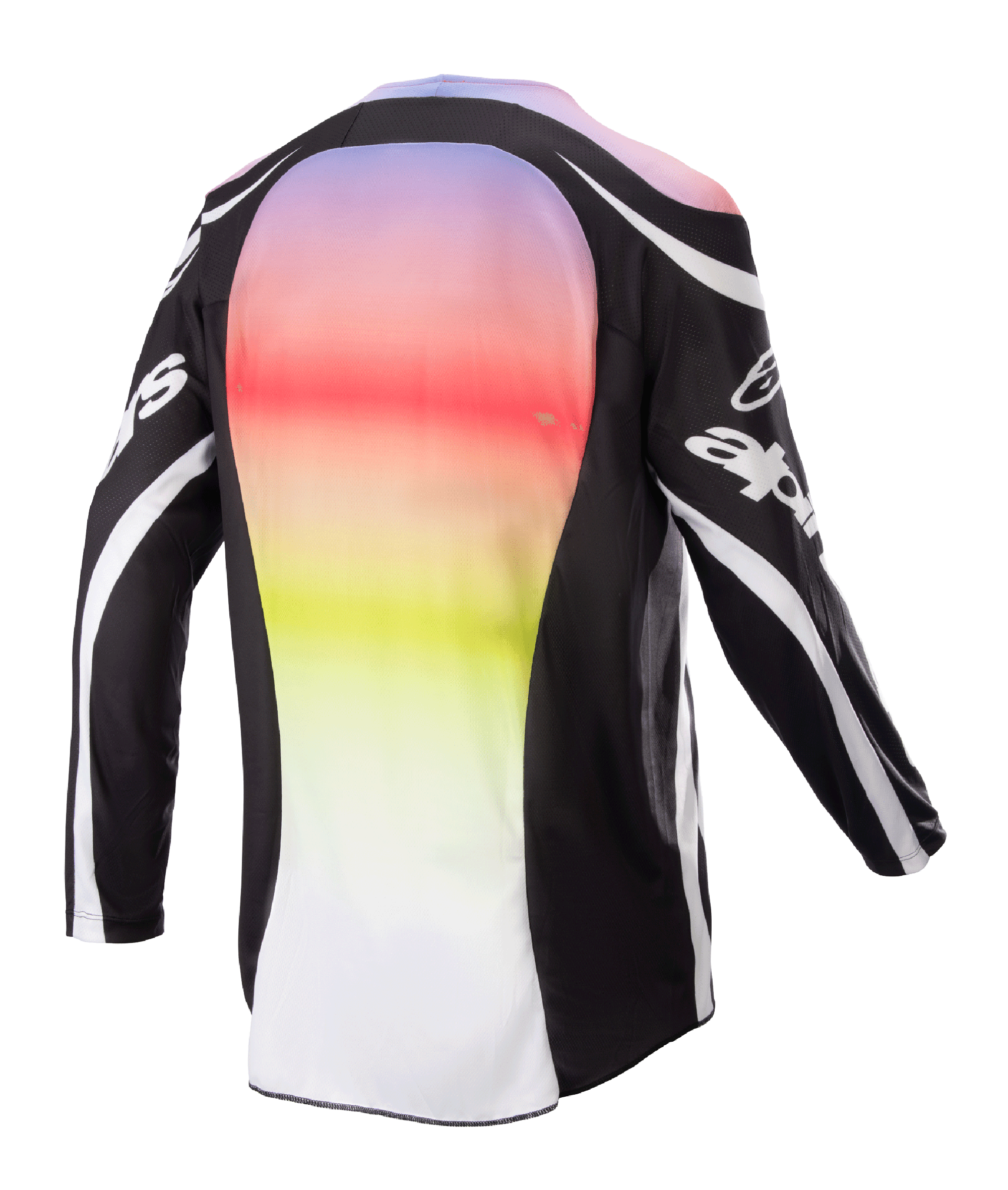 Alpinestars 2023 Racer Semi Jersey, motocross shirt, zwart multicolor, achteraanzicht met een groot centraal paneel met een levendig kleurverloop van paars naar geel, zwarte mouwen en schouders met witte logo-accenten en gebogen lijnen, ontworpen voor off-road prestaties