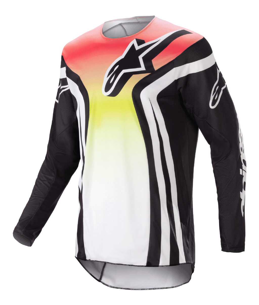 Alpinestars 2023 Racer Semi Jersey, motorcross shirt met lange mouwen, zwart en multicolor met een rood, geel en wit kleurverloop, opvallend logo op de borst en witte strepen op de mouwen, lichtgewicht vochtafvoerende stof voor off-road prestaties