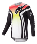 Alpinestars 2023 Racer Semi Jersey, motorcross shirt met lange mouwen, zwart en multicolor met een rood, geel en wit kleurverloop, opvallend logo op de borst en witte strepen op de mouwen, lichtgewicht vochtafvoerende stof voor off-road prestaties