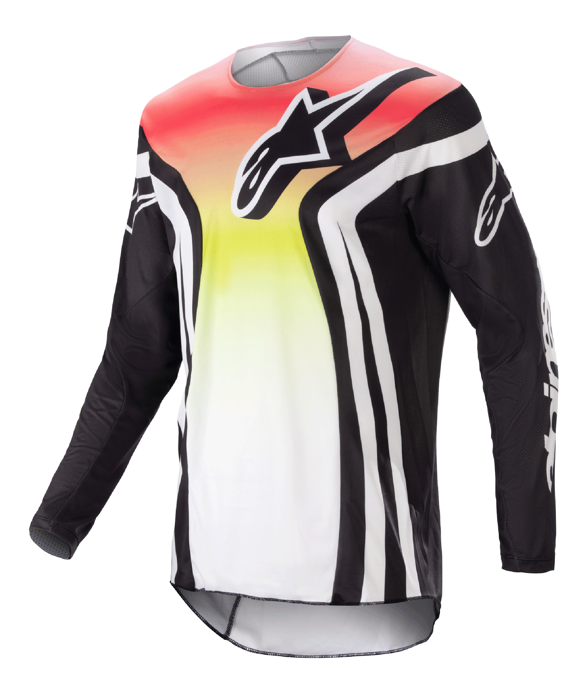 Alpinestars 2023 Racer Semi Jersey, motorcross shirt met lange mouwen, zwart en multicolor met een rood, geel en wit kleurverloop, opvallend logo op de borst en witte strepen op de mouwen, lichtgewicht vochtafvoerende stof voor off-road prestaties