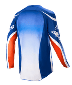 Alpinestars 2023 Racer Semi Jersey, motocross jersey, blauw, fel oranje en wit, achteraanzicht met een blauw naar wit kleurverloop op het middenpaneel, oranje mouwaccenten met witte branding en een verlengde achterzijde voor off-road rijden