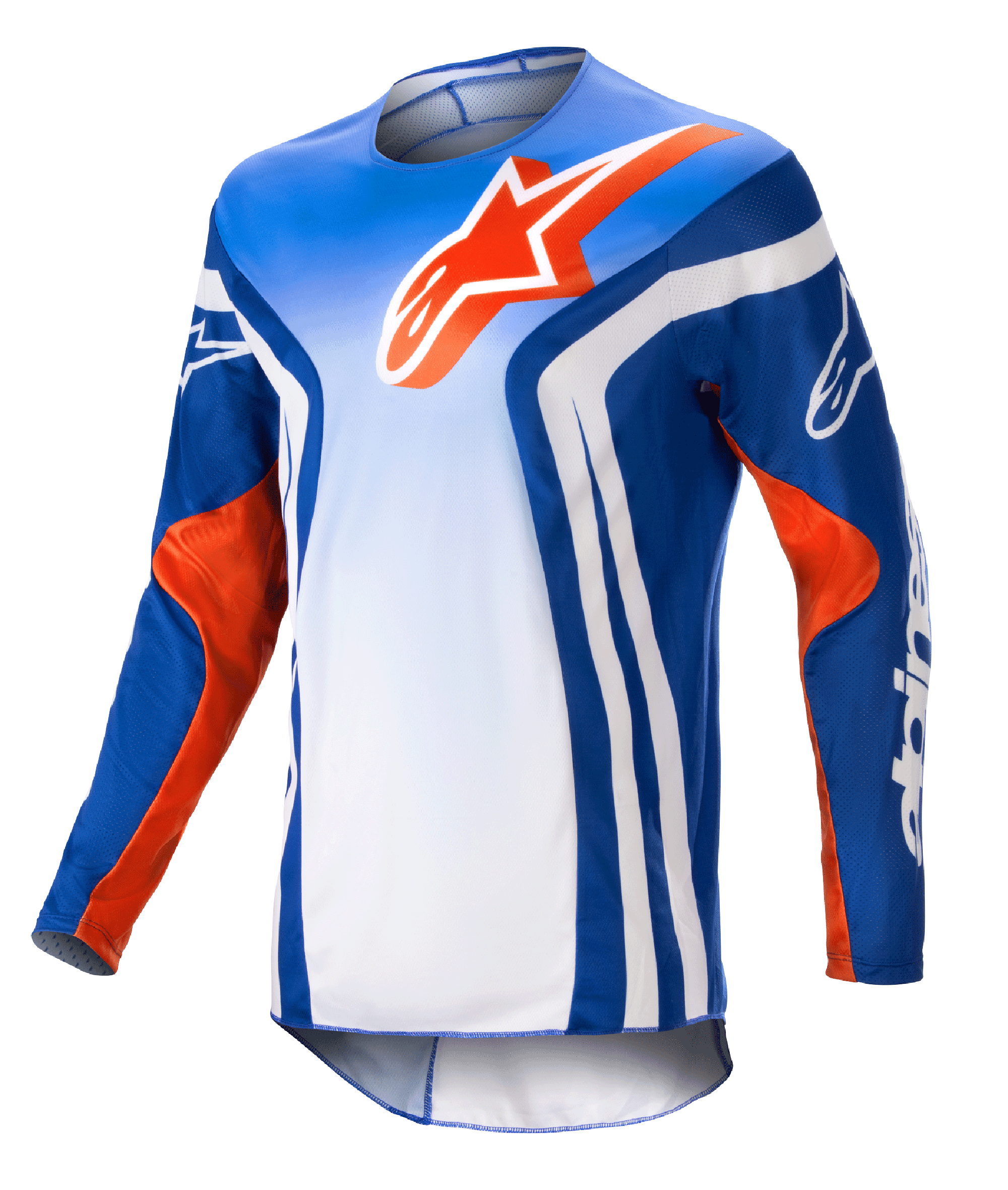 Alpinestars 2023 Racer Semi Jersey, motorcross shirt met lange mouwen, blauw en wit kleurverloop met Hot Orange accenten, groot oranje Alpinestars-logo op de borst, opvallende witte verticale strepen aan de zijkanten, lichtgewicht vochtafvoerende stof voor off-road rijden
