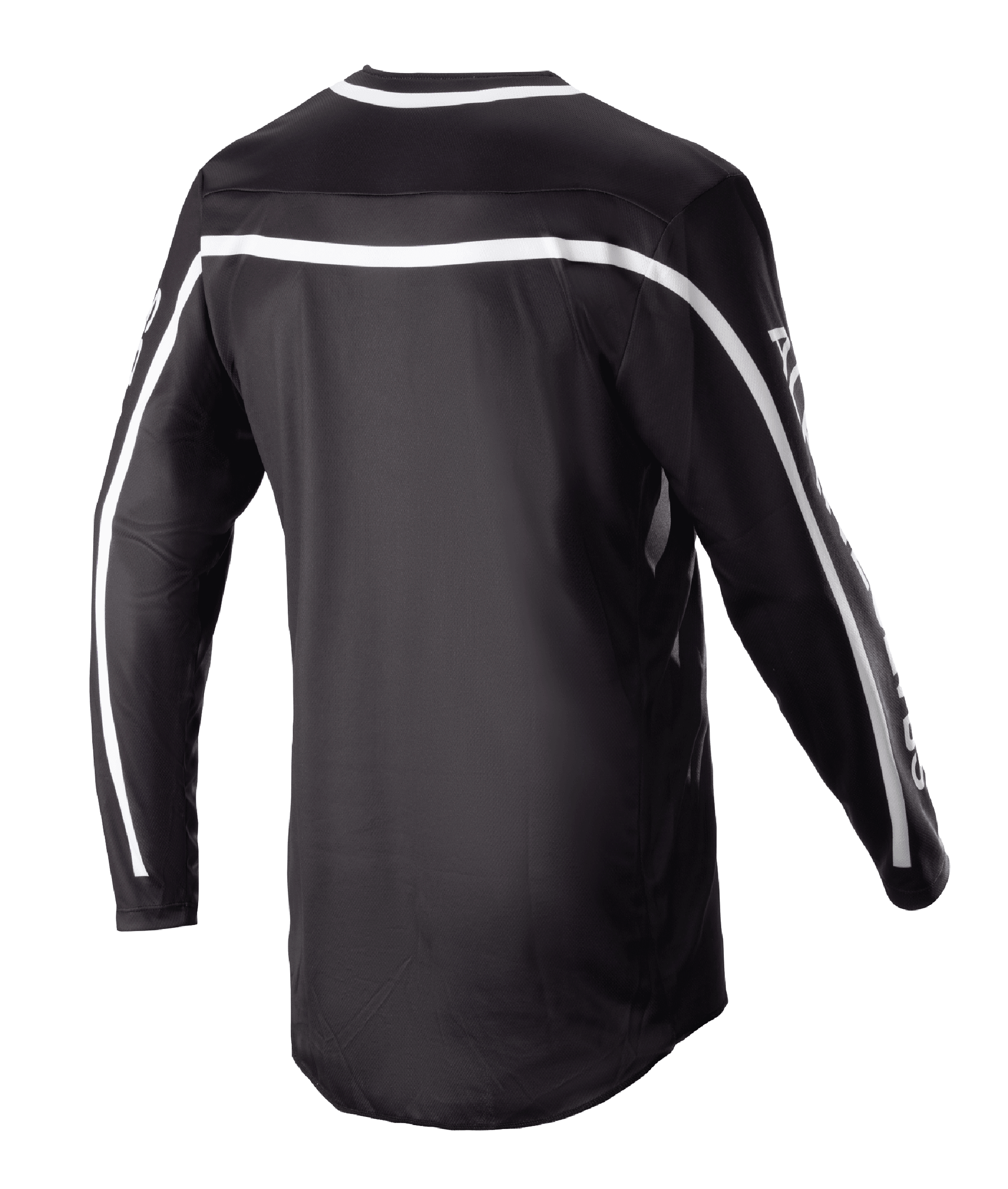 Alpinestars 2023 Racer Found Jersey, zwart motocross shirt, achteraanzicht met witte strepen over de schouders en mouwen, ontwerp met lange mouwen en een verlengde achterkant voor bedekking, lichtgewicht en ademende performance kleding