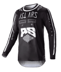 Alpinestars 2023 Racer Found Jersey, zwart motocross-shirt met lange mouwen, witte abstracte graphics en groot AS-logo, ASTARS-branding op de borst, ronde hals met witte bies, technische racekleding