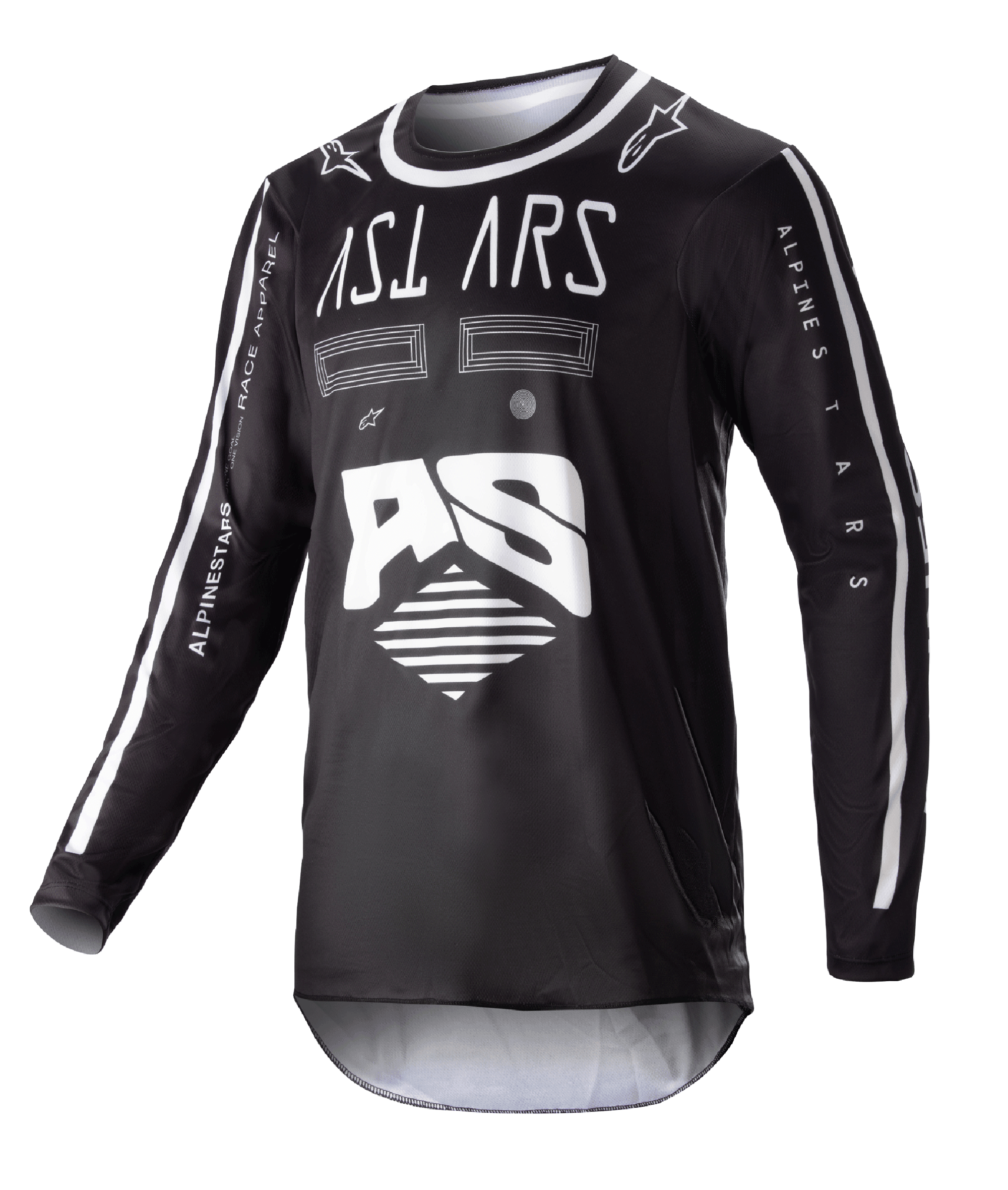 Alpinestars 2023 Racer Found Jersey, zwart motocross-shirt met lange mouwen, witte abstracte graphics en groot AS-logo, ASTARS-branding op de borst, ronde hals met witte bies, technische racekleding