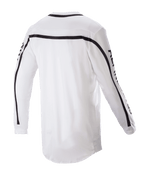 Alpinestars 2023 Racer Found Jersey, motocross jersey, wit, achteraanzicht met zwarte strepen over de schouders en mouwen, verlengde achterkant voor extra bedekking, lichtgewicht poly-stof constructie