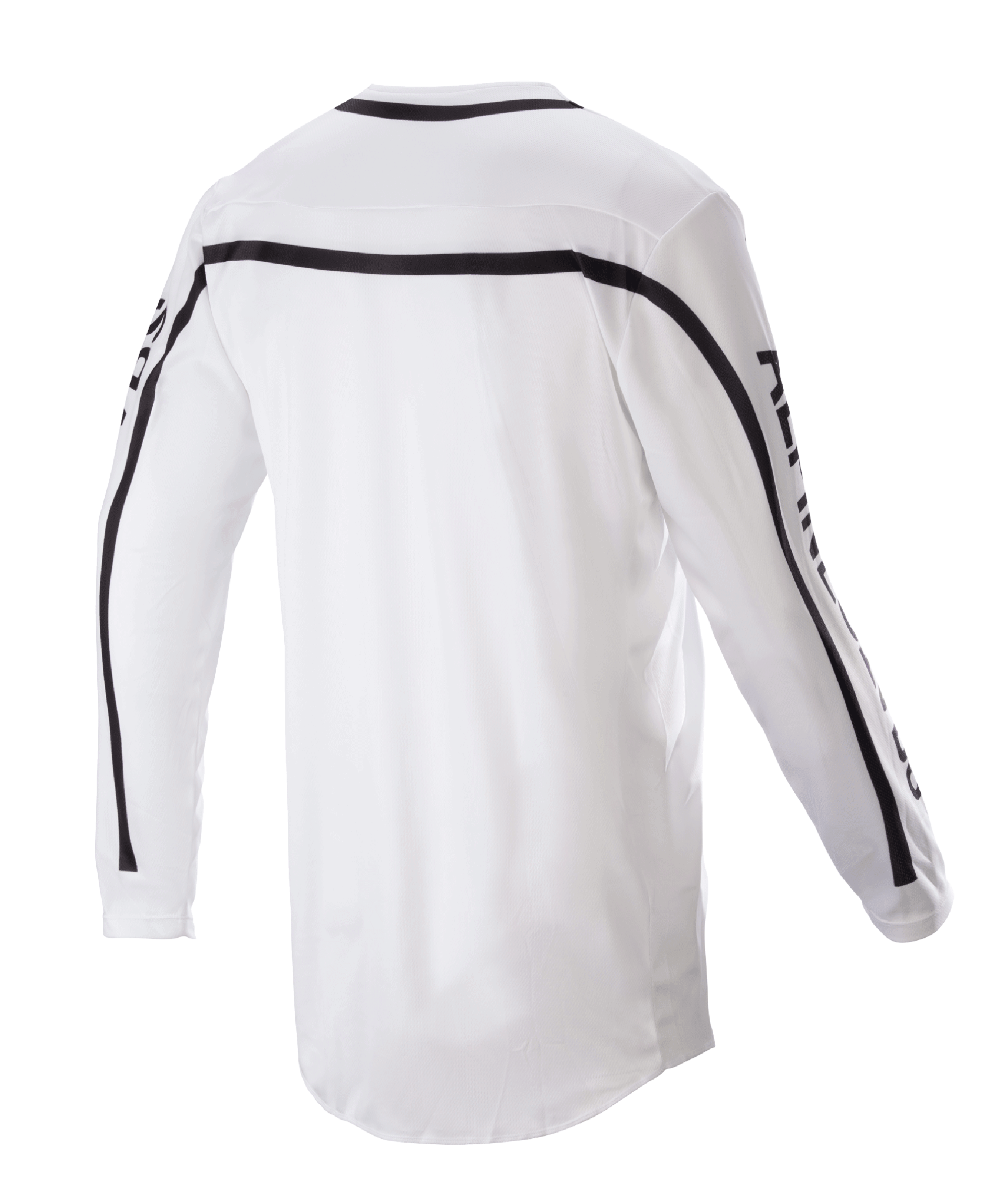 Alpinestars 2023 Racer Found Jersey, motocross jersey, wit, achteraanzicht met zwarte strepen over de schouders en mouwen, verlengde achterkant voor extra bedekking, lichtgewicht poly-stof constructie