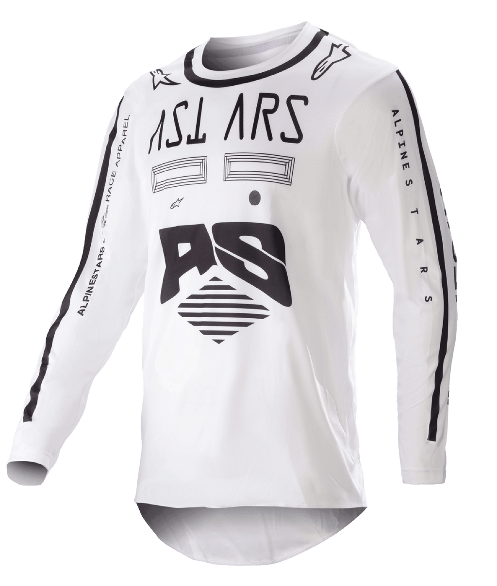Alpinestars 2023 Racer Found Jersey, motorcross jersey, wit met zwart, opvallende zwarte graphics en branding op de borst en mouwen, lichtgewicht performance-stof met een zwarte kraag, off-road racekleding