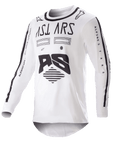 Alpinestars 2023 Racer Found Jersey, motorcross jersey, wit met zwart, opvallende zwarte graphics en branding op de borst en mouwen, lichtgewicht performance-stof met een zwarte kraag, off-road racekleding