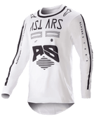 Alpinestars 2023 Racer Found Jersey, motorcross jersey, wit met zwart, opvallende zwarte graphics en branding op de borst en mouwen, lichtgewicht performance-stof met een zwarte kraag, off-road racekleding